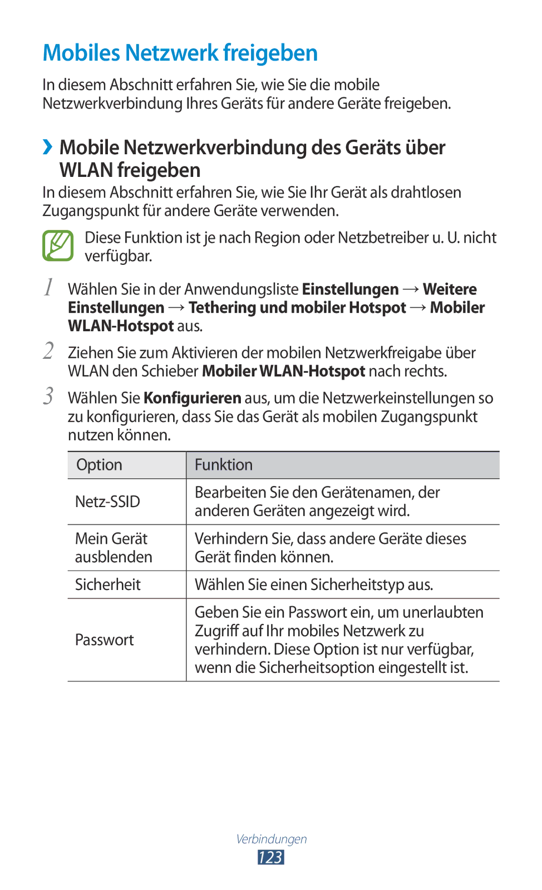 Samsung GT-I9305OKDTPH manual Mobiles Netzwerk freigeben, ››Mobile Netzwerkverbindung des Geräts über Wlan freigeben, 123 