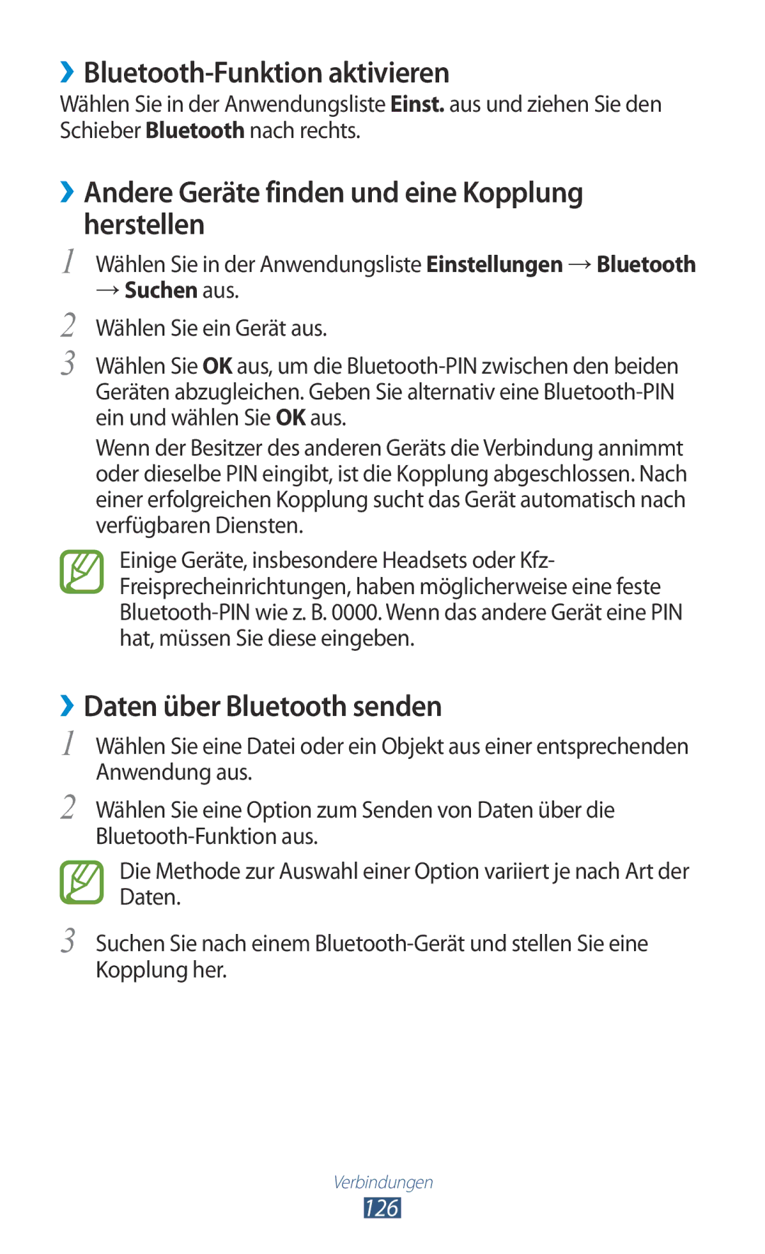 Samsung GT-I9305OKDOPT manual ››Bluetooth-Funktion aktivieren, ››Andere Geräte finden und eine Kopplung herstellen, 126 