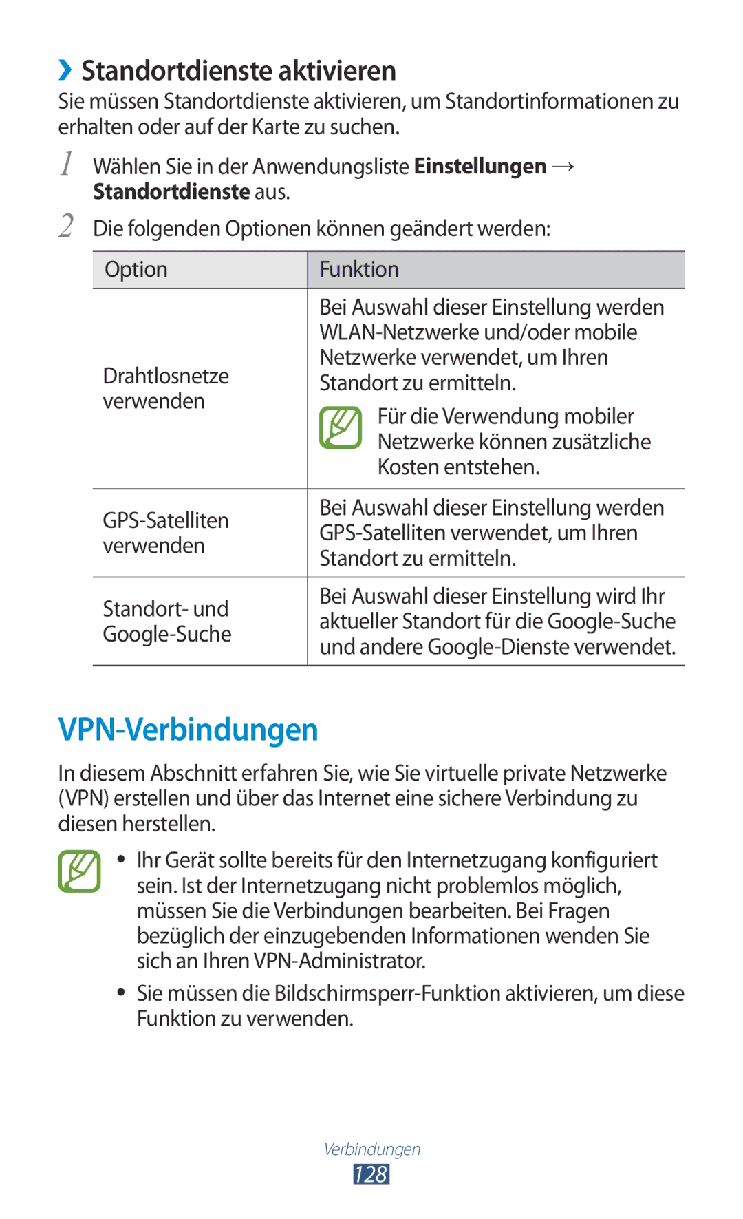 Samsung GT-I9305OKDVIA, GT-I9305OKDTMN, GT-I9305RWDCOS, GT-I9305RWDDTM VPN-Verbindungen, ››Standortdienste aktivieren, 128 