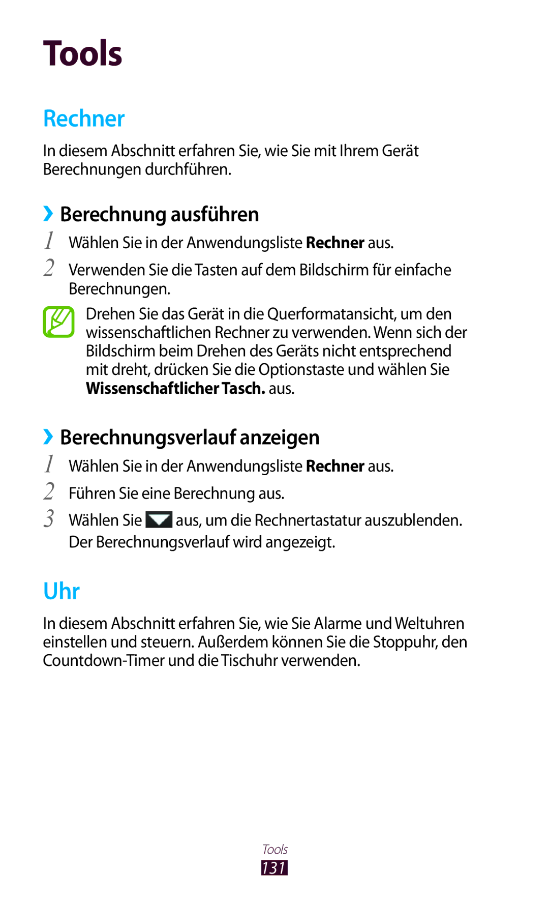 Samsung GT-I9305OKDDBT, GT-I9305OKDTMN manual Rechner, Uhr, ››Berechnung ausführen, ››Berechnungsverlauf anzeigen, 131 