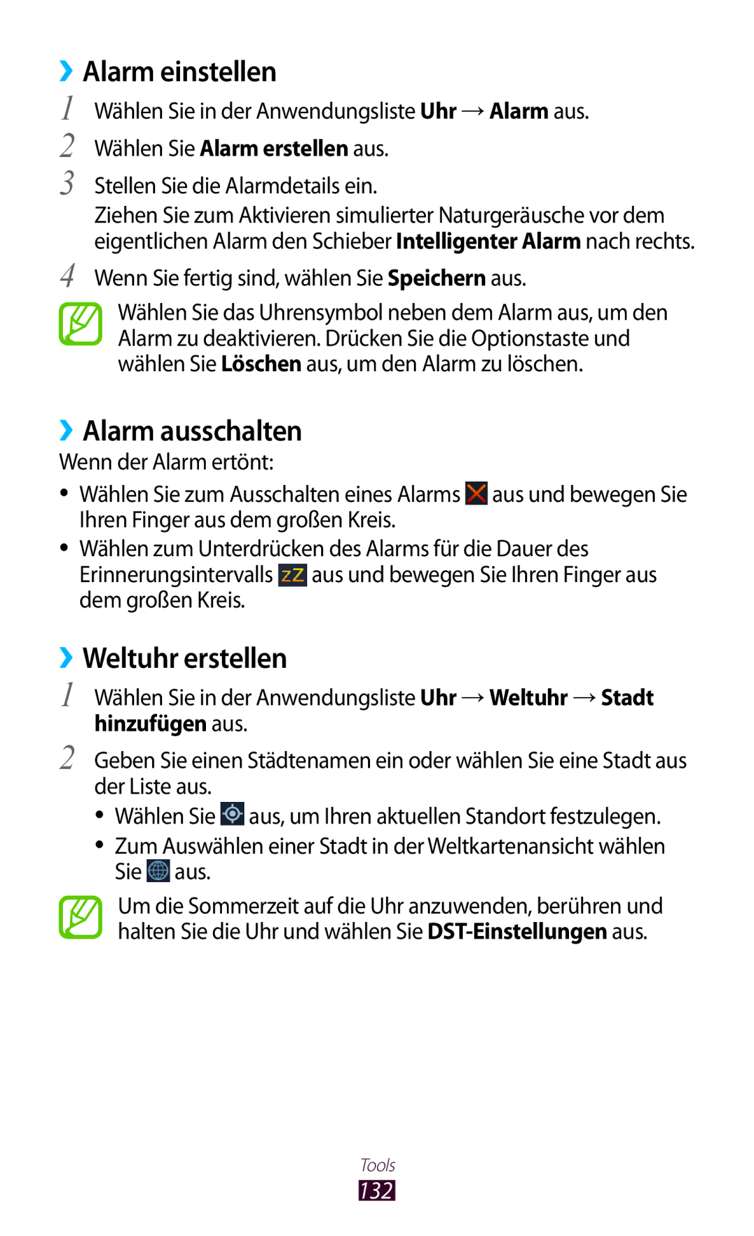 Samsung GT-I9305ZNDVD2 ››Alarm einstellen, ››Alarm ausschalten, ››Weltuhr erstellen, 132, Wählen Sie Alarm erstellen aus 