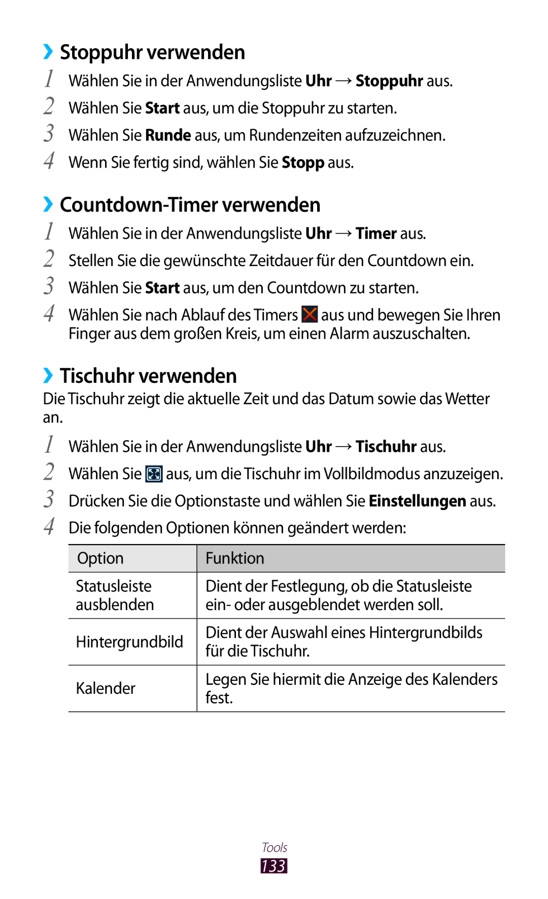 Samsung GT-I9305TADDTM, GT-I9305OKDTMN manual ››Stoppuhr verwenden, ››Countdown-Timer verwenden, ››Tischuhr verwenden, 133 