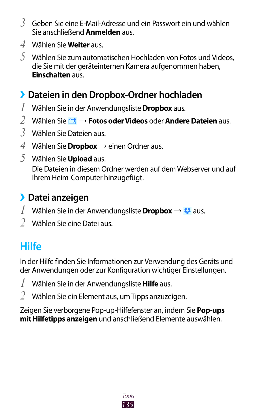 Samsung GT-I9305RWDTPH, GT-I9305OKDTMN manual Hilfe, ››Dateien in den Dropbox-Ordner hochladen, ››Datei anzeigen, 135 