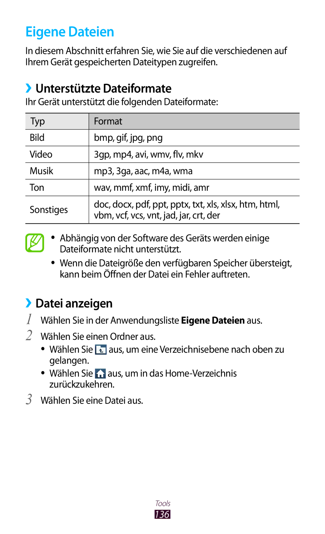 Samsung GT-I9305OKDVD2, GT-I9305OKDTMN, GT-I9305RWDCOS, GT-I9305RWDDTM manual Eigene Dateien, ››Unterstützte Dateiformate, 136 