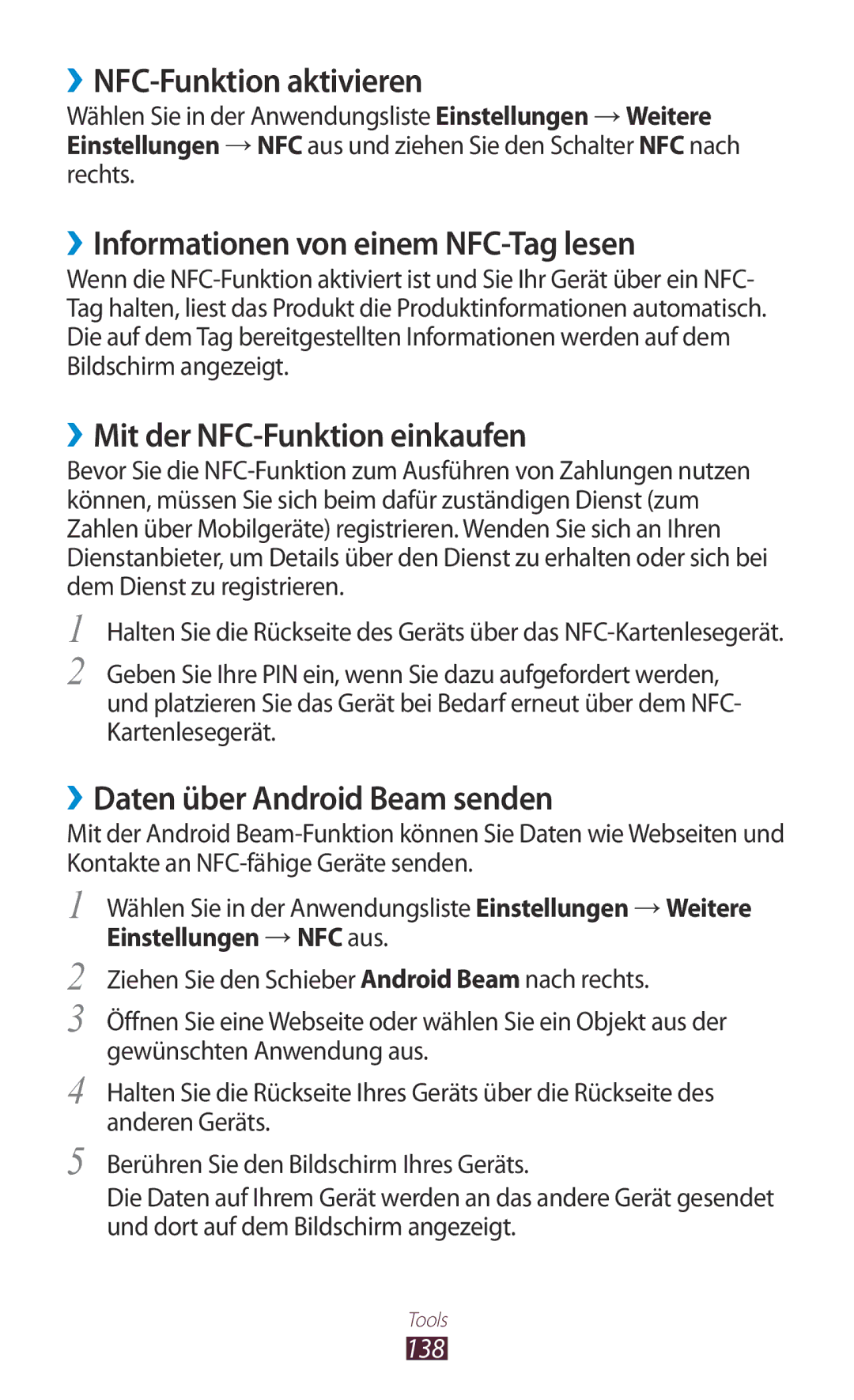 Samsung GT-I9305RWDSFR, GT-I9305OKDTMN manual ››NFC-Funktion aktivieren, ››Informationen von einem NFC-Tag lesen, 138 