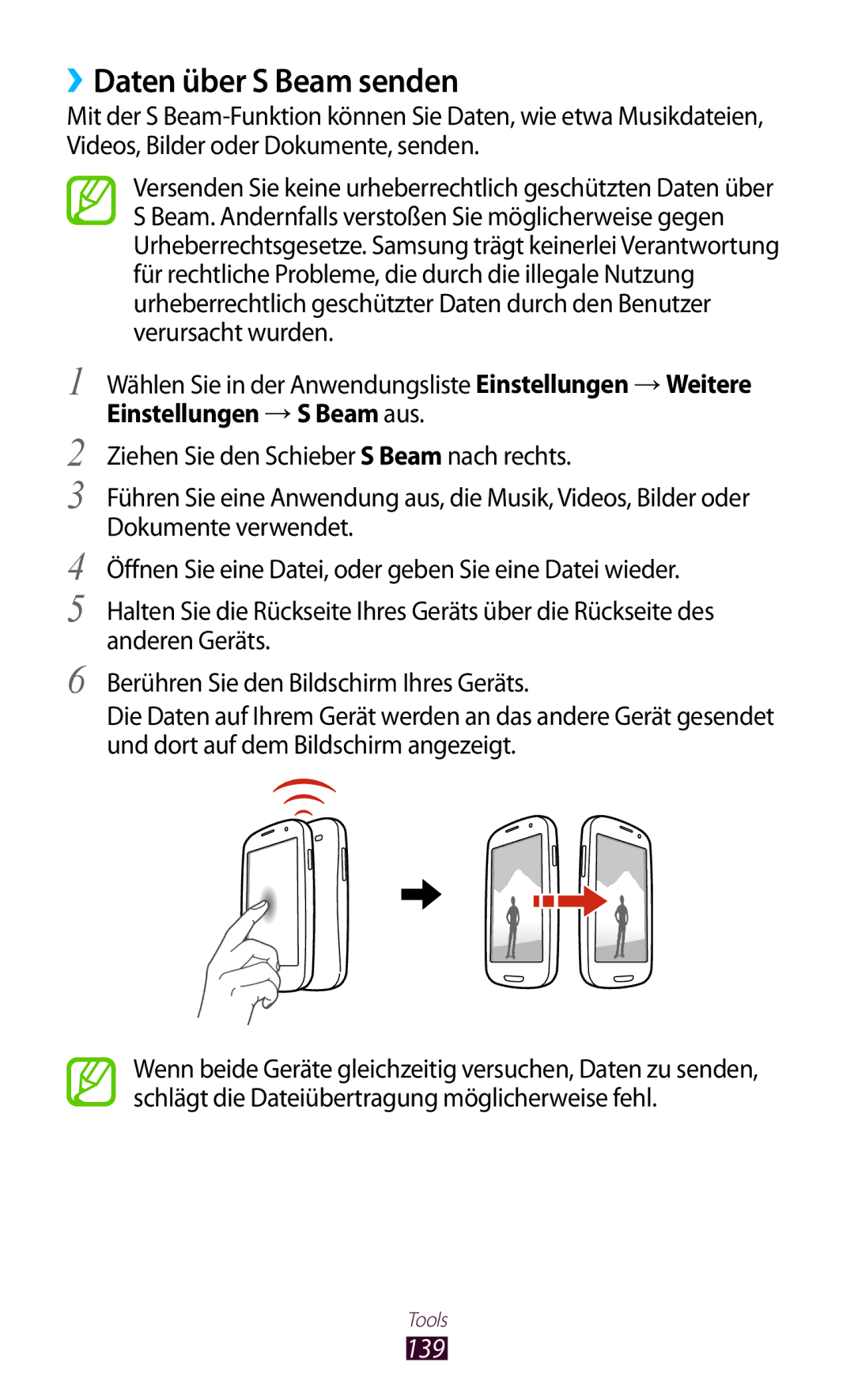 Samsung GT-I9305OKDSFR, GT-I9305OKDTMN, GT-I9305RWDCOS, GT-I9305RWDDTM, GT-I9305OKDTPH manual ››Daten über S Beam senden, 139 