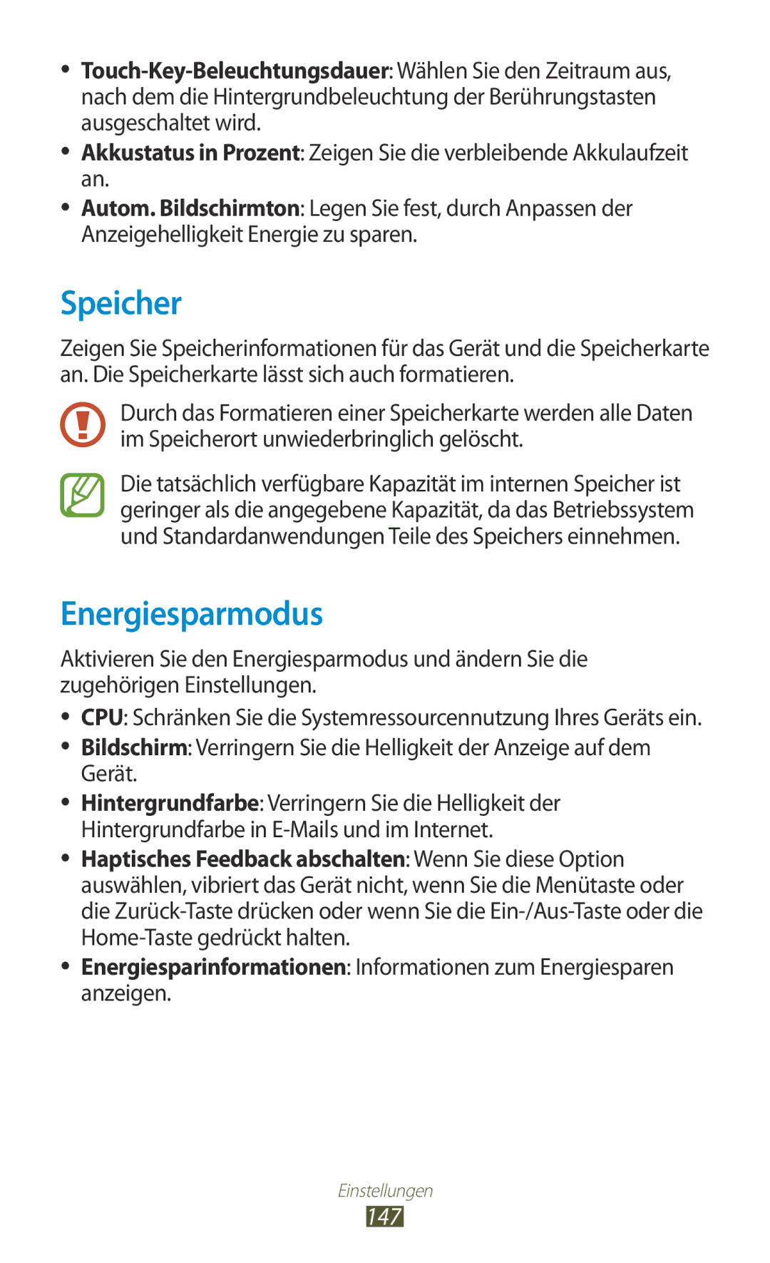 Samsung GT-I9305RWDPRT, GT-I9305OKDTMN, GT-I9305RWDCOS, GT-I9305RWDDTM, GT-I9305OKDTPH manual Speicher, Energiesparmodus, 147 