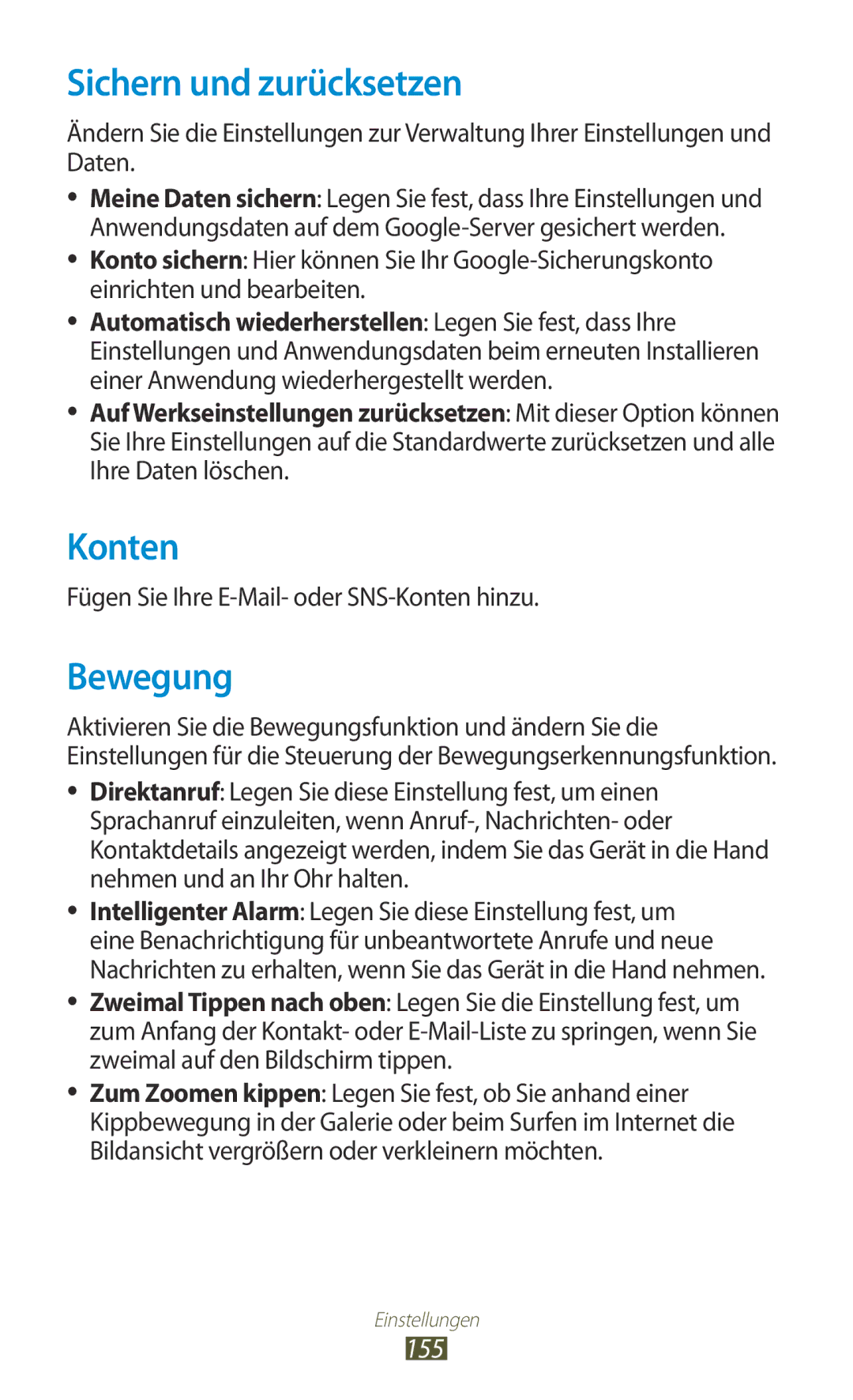 Samsung GT-I9305RWDTPH manual Sichern und zurücksetzen, Bewegung, 155, Fügen Sie Ihre E-Mail- oder SNS-Konten hinzu 