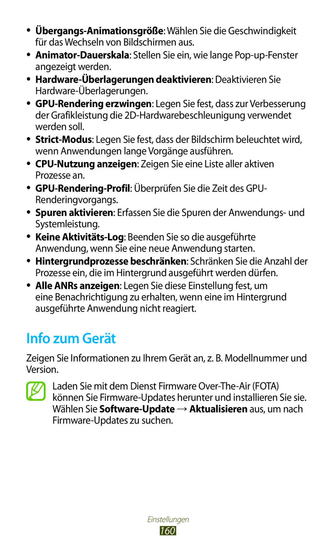 Samsung GT-I9305OKDTMN, GT-I9305RWDCOS manual Info zum Gerät, 160, Hardware-Überlagerungen deaktivieren Deaktivieren Sie 