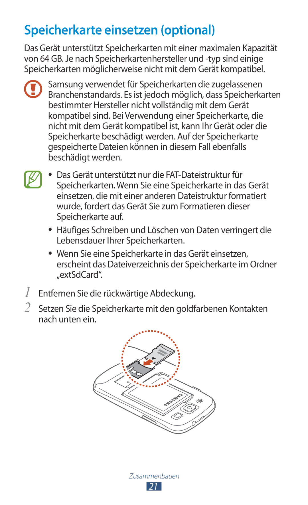 Samsung GT-I9305RWDCOS, GT-I9305OKDTMN, GT-I9305RWDDTM, GT-I9305OKDTPH, GT-I9305MBDXEO manual Speicherkarte einsetzen optional 