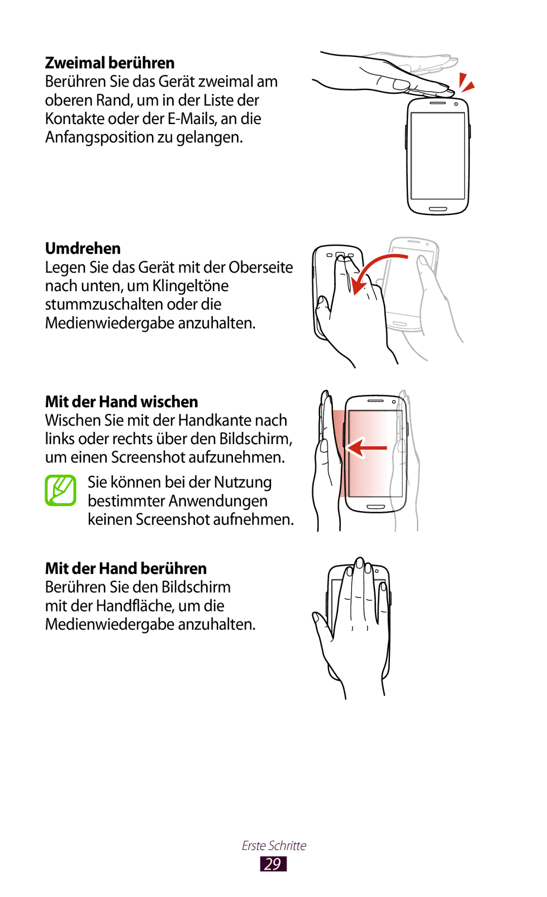 Samsung GT-I9305MBDCOS, GT-I9305OKDTMN, GT-I9305RWDCOS, GT-I9305RWDDTM, GT-I9305OKDTPH manual Umdrehen, Mit der Hand wischen 