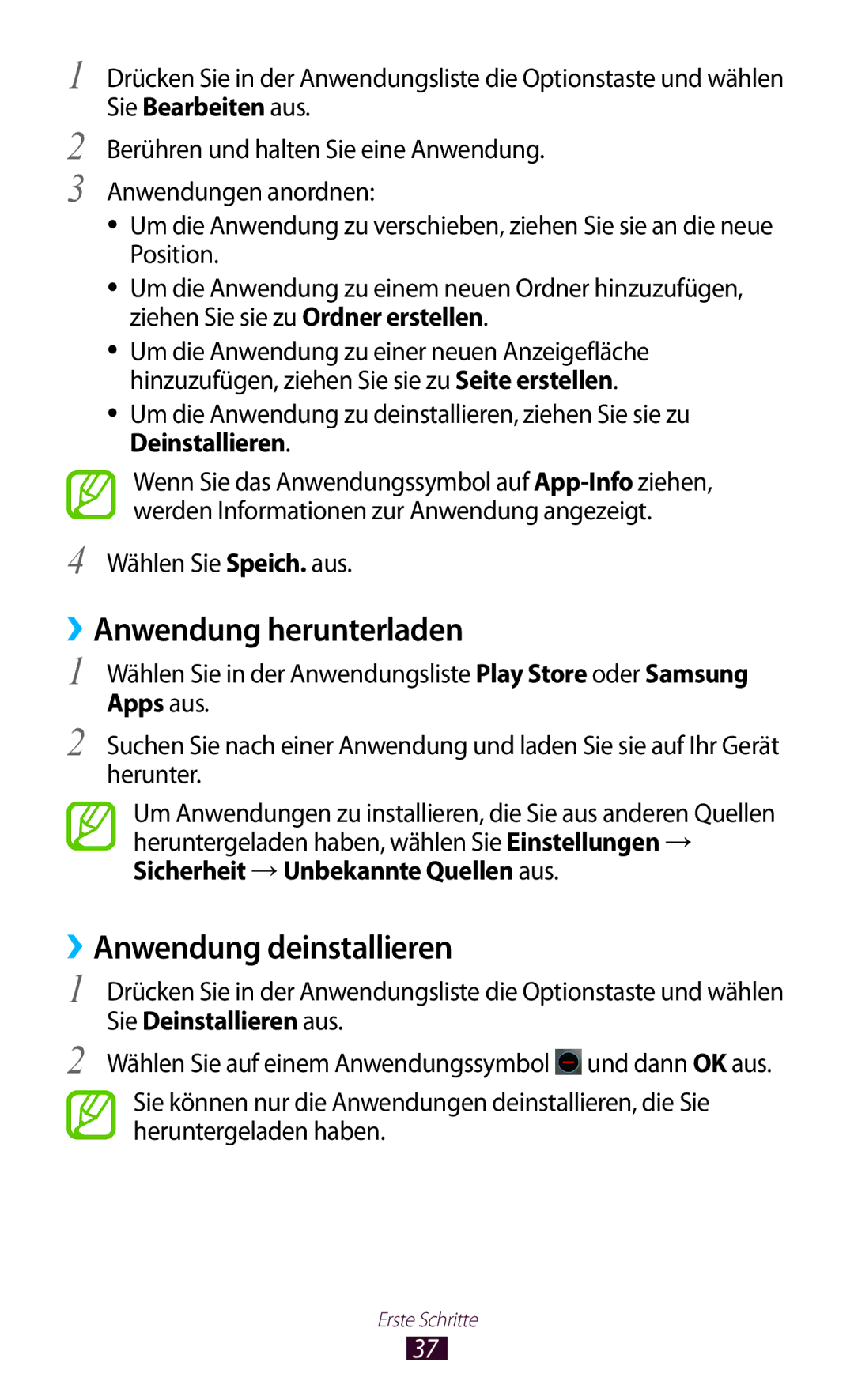 Samsung GT-I9305MBDDBT, GT-I9305OKDTMN manual ››Anwendung herunterladen, ››Anwendung deinstallieren, Wählen Sie Speich. aus 