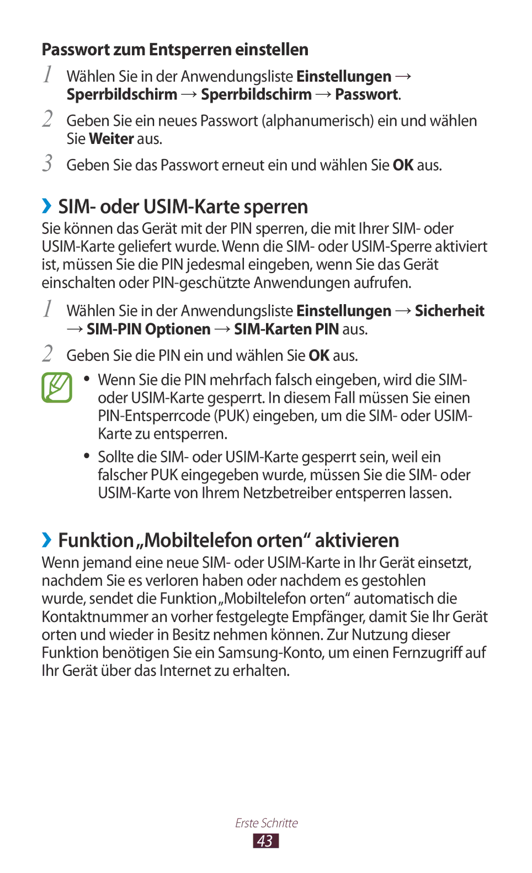 Samsung GT-I9305OKDTPH, GT-I9305OKDTMN manual ››SIM- oder USIM-Karte sperren, ››Funktion„Mobiltelefon orten aktivieren 