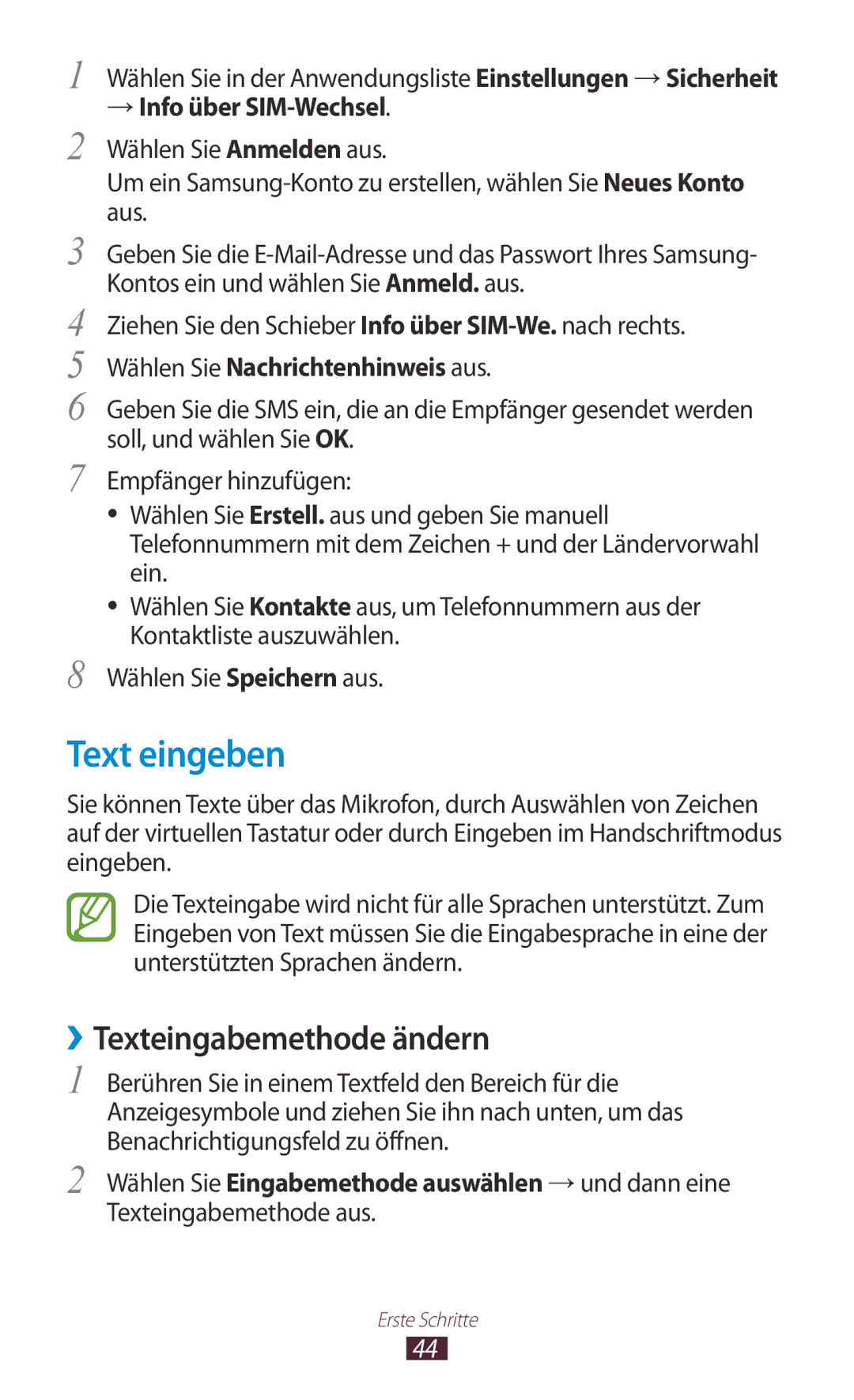 Samsung GT-I9305MBDXEO, GT-I9305OKDTMN manual Text eingeben, ››Texteingabemethode ändern, Wählen Sie Nachrichtenhinweis aus 