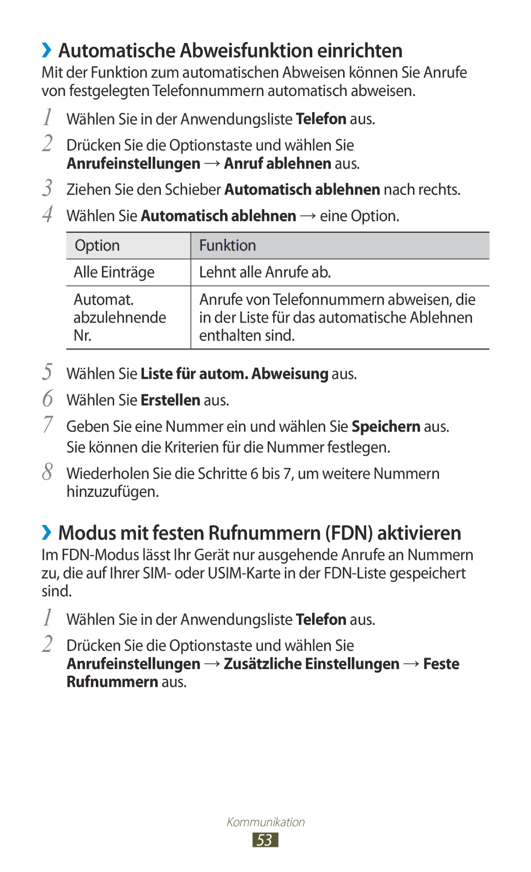 Samsung GT-I9305TADDTM, GT-I9305OKDTMN ››Automatische Abweisfunktion einrichten, Wählen Sie Liste für autom. Abweisung aus 