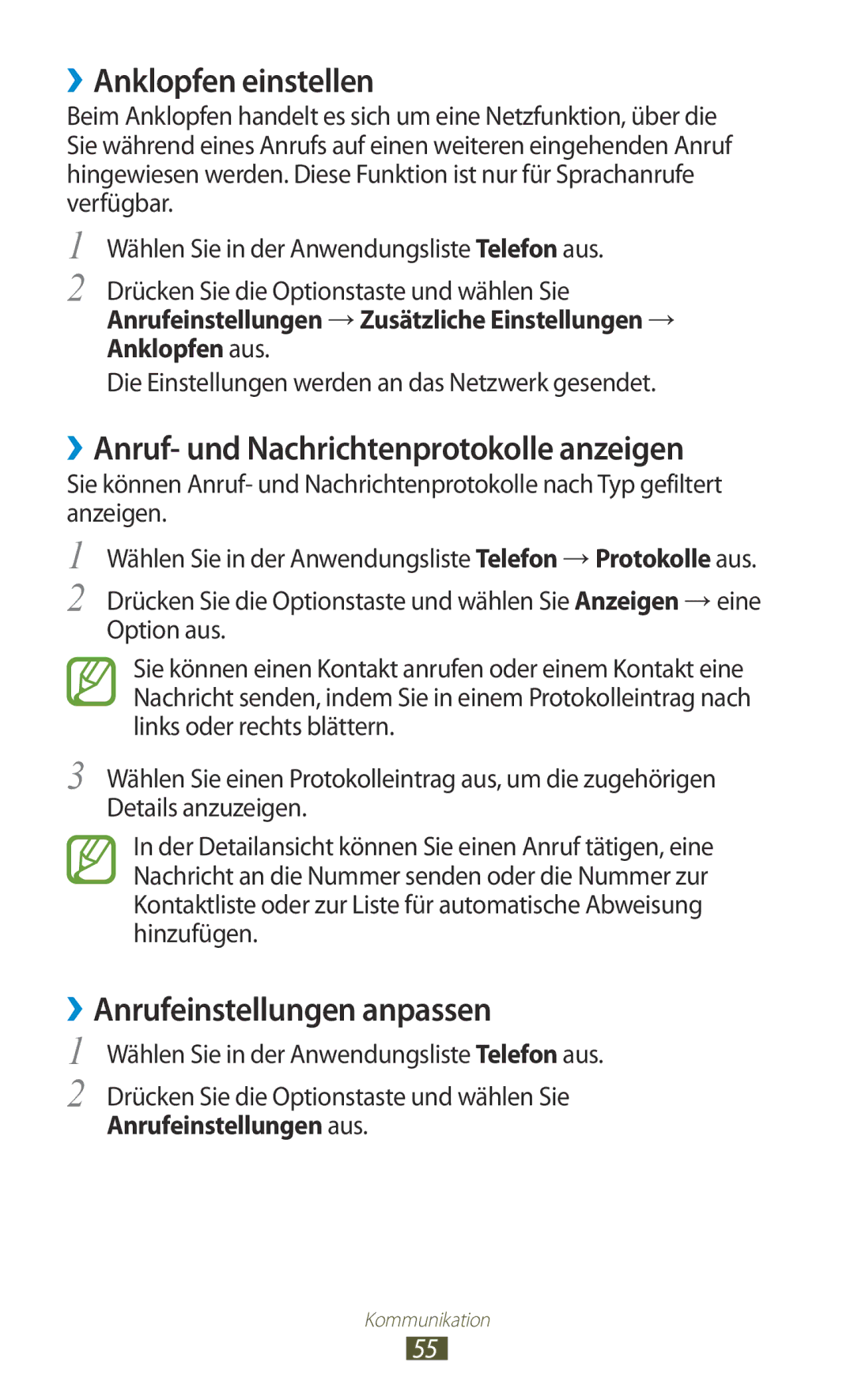 Samsung GT-I9305RWDTPH ››Anklopfen einstellen, ››Anruf- und Nachrichtenprotokolle anzeigen, ››Anrufeinstellungen anpassen 