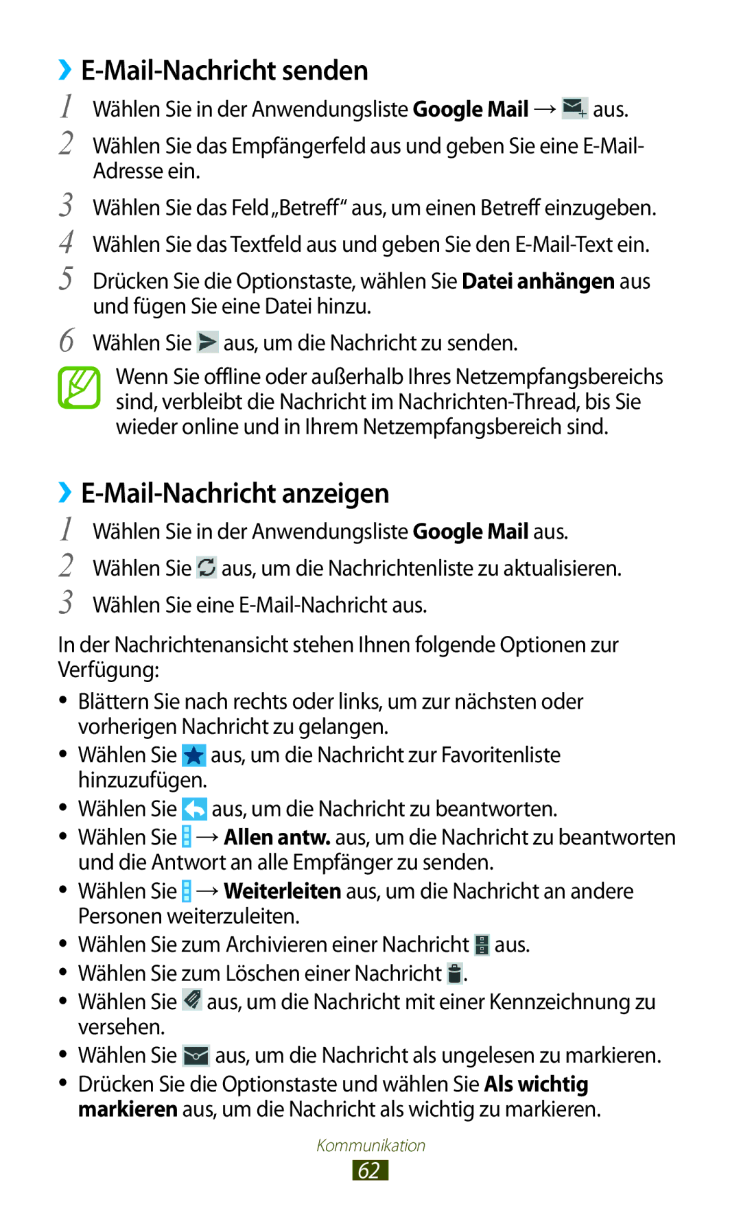 Samsung GT-I9305RWDDTM manual ››E-Mail-Nachricht senden, Mail-Nachricht anzeigen, Aus, um die Nachricht zu beantworten 