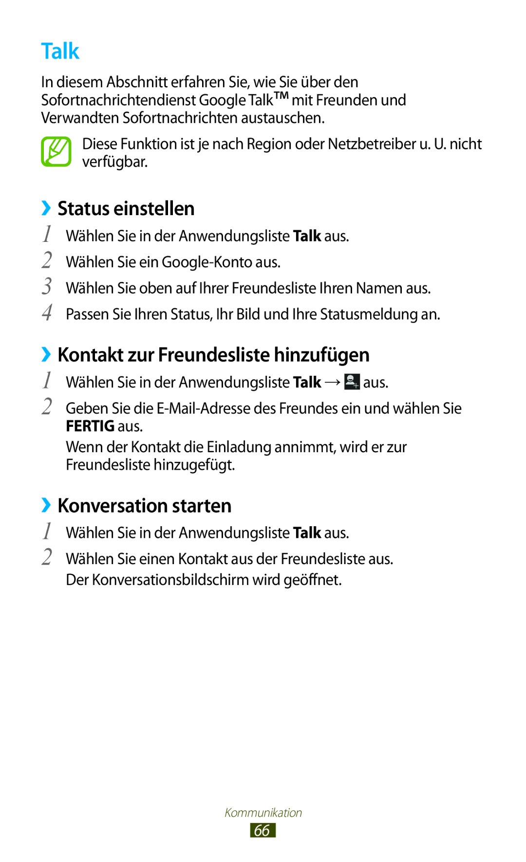 Samsung GT-I9305OKDOPT manual Talk, ››Status einstellen, ››Kontakt zur Freundesliste hinzufügen, ››Konversation starten 