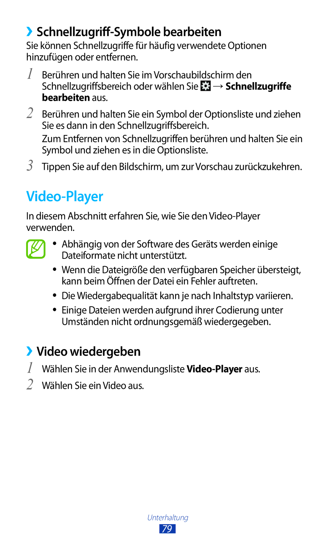 Samsung GT-I9305OKDSFR, GT-I9305OKDTMN manual Video-Player, ››Schnellzugriff-Symbole bearbeiten, ››Video wiedergeben 