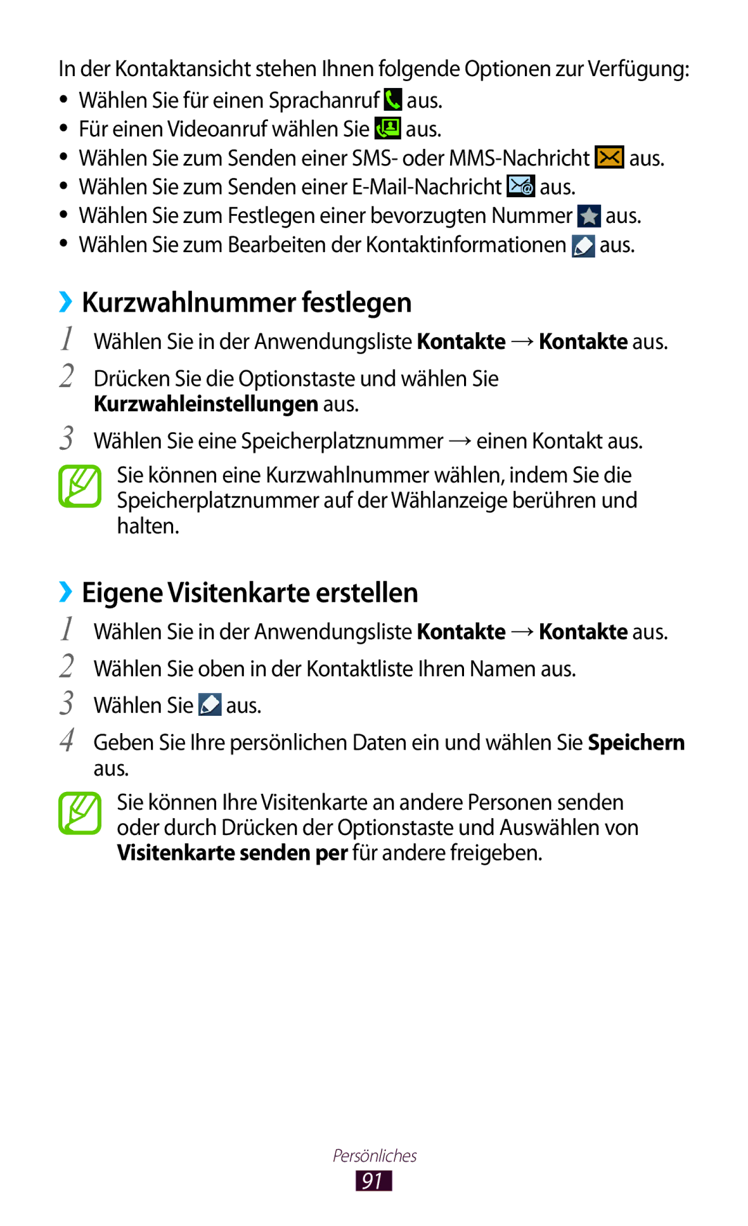 Samsung GT-I9305OKDDBT manual ››Kurzwahlnummer festlegen, ››Eigene Visitenkarte erstellen, Kurzwahleinstellungen aus 