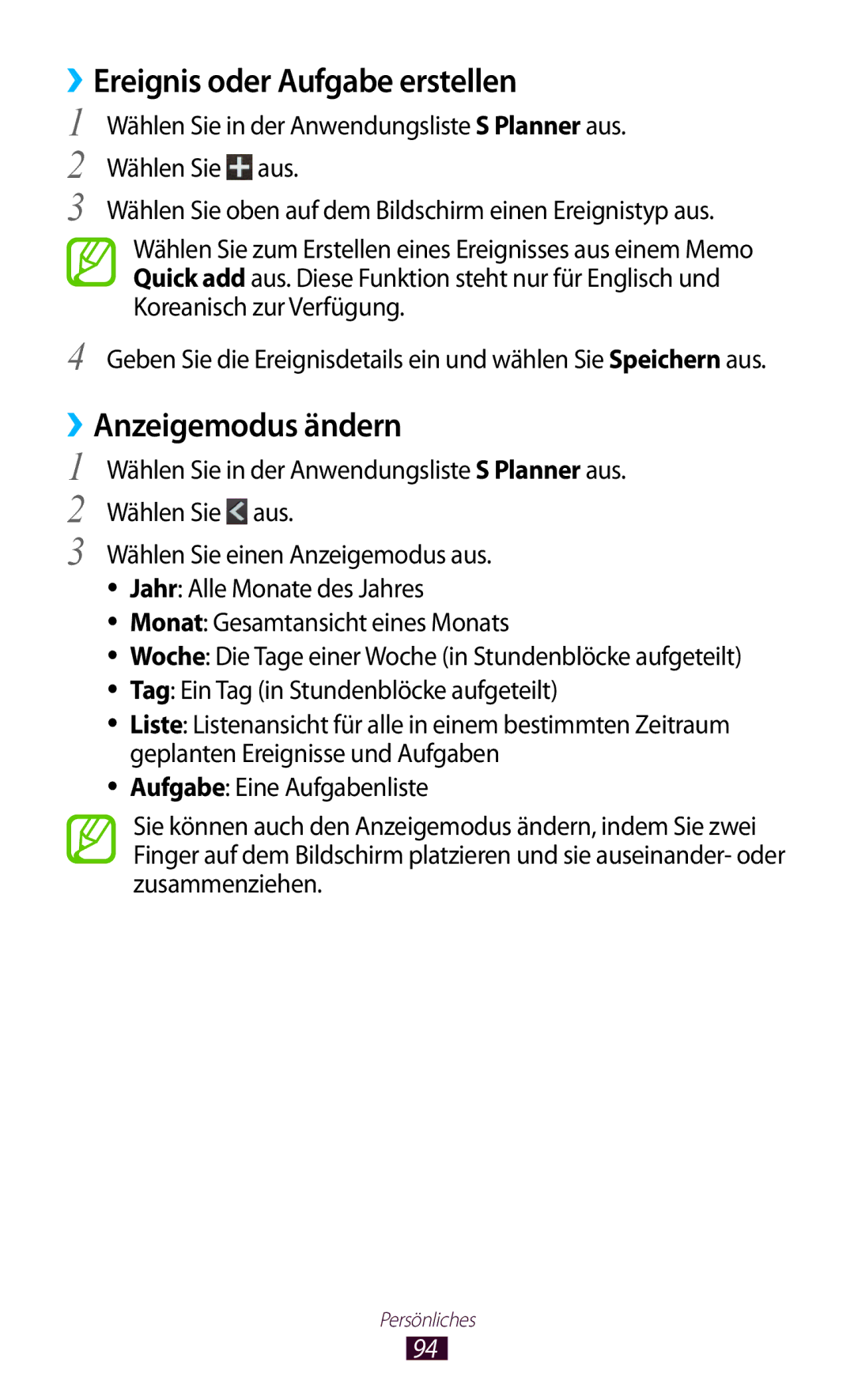 Samsung GT-I9305RWDVD2, GT-I9305OKDTMN Ereignis oder Aufgabe erstellen, ››Anzeigemodus ändern, Koreanisch zur Verfügung 