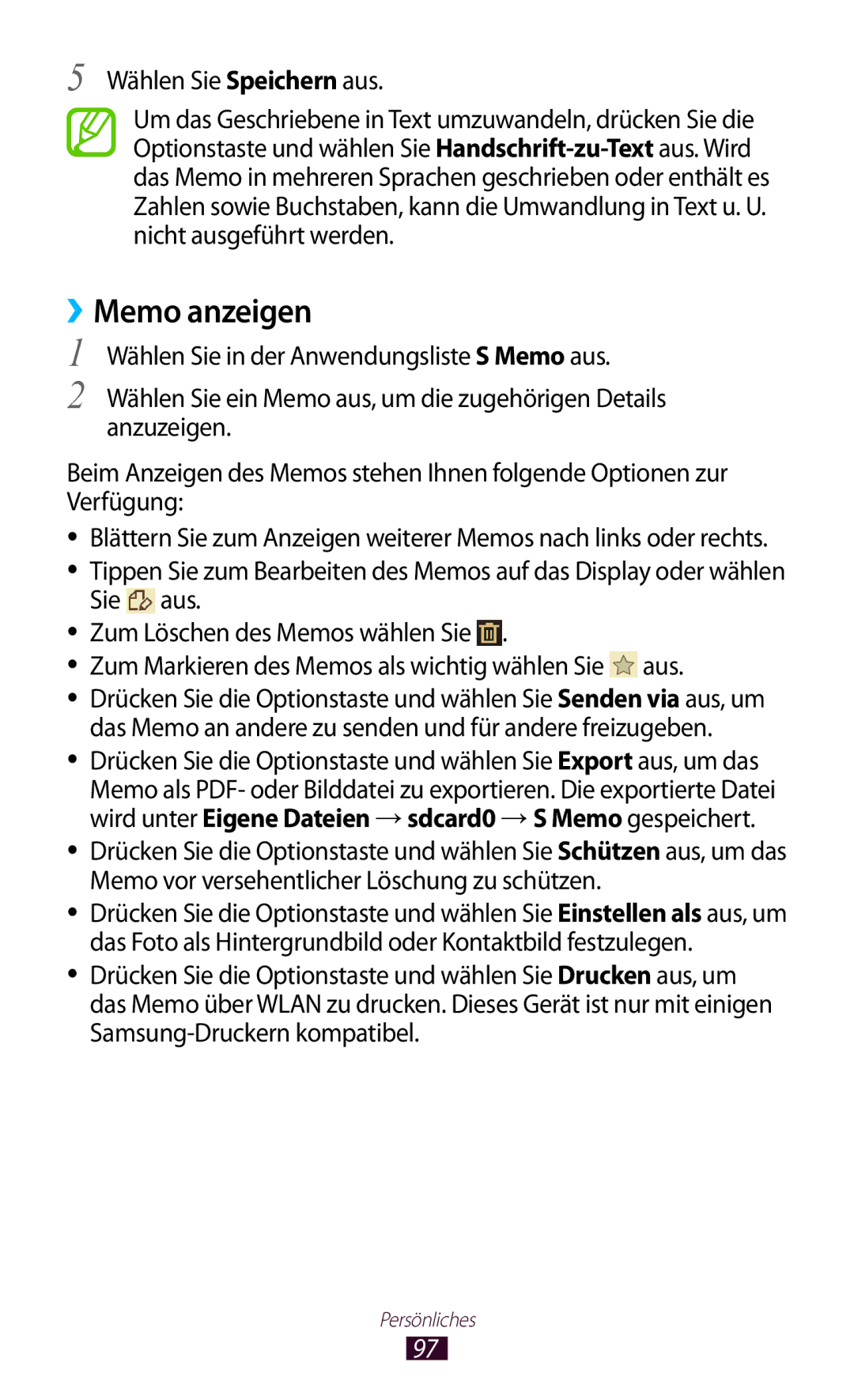 Samsung GT-I9305MBDDBT, GT-I9305OKDTMN, GT-I9305RWDCOS, GT-I9305RWDDTM manual ››Memo anzeigen, Wählen Sie Speichern aus 