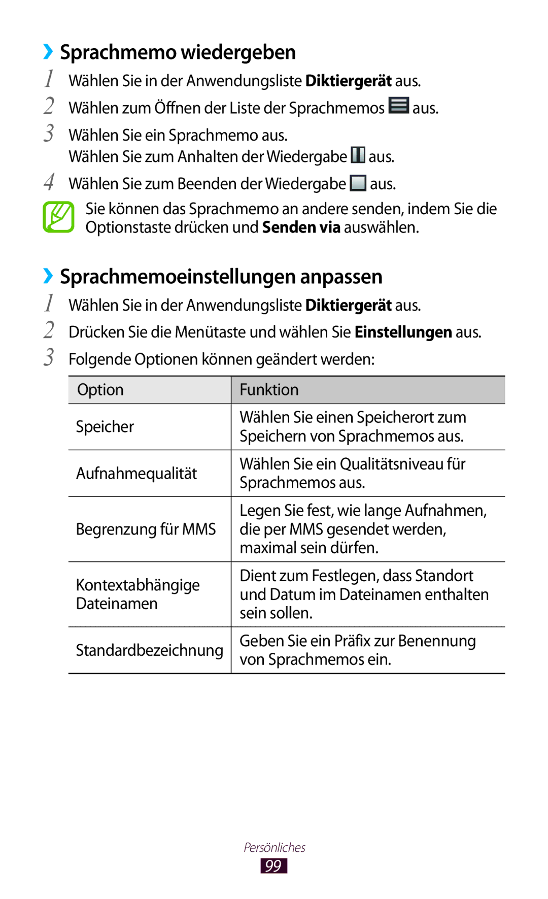 Samsung GT-I9305OKDSFR manual ››Sprachmemo wiedergeben, ››Sprachmemoeinstellungen anpassen, Dateinamen, Sein sollen 