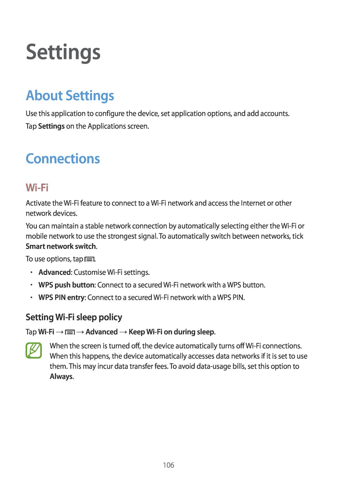 Samsung GT-I9305OKDKPN, GT-I9305OKDTMN, GT-I9305RWDCOS manual About Settings, Connections, Setting Wi-Fi sleep policy 