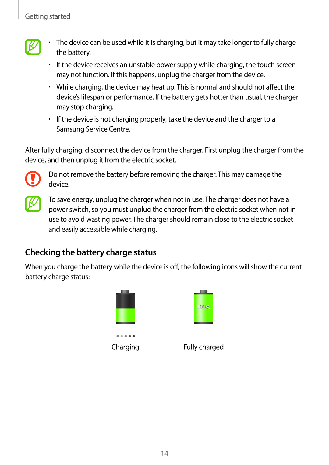 Samsung GT-I9305RWDVD2, GT-I9305OKDTMN, GT-I9305RWDCOS, GT-I9305RWDDTM Checking the battery charge status, Getting started 
