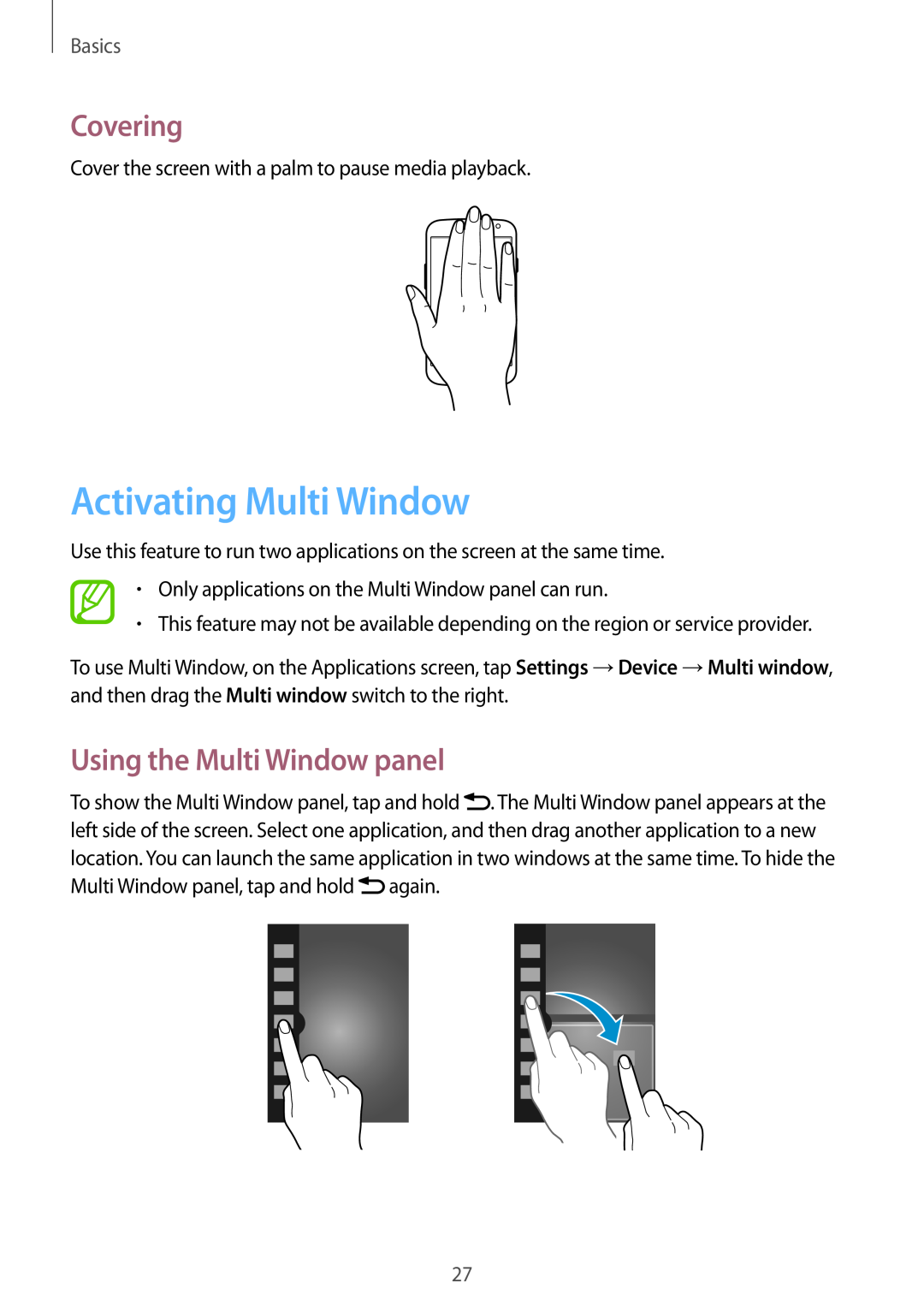 Samsung GT-I9305OKDBOG, GT-I9305OKDTMN manual Activating Multi Window, Covering, Using the Multi Window panel, Basics 