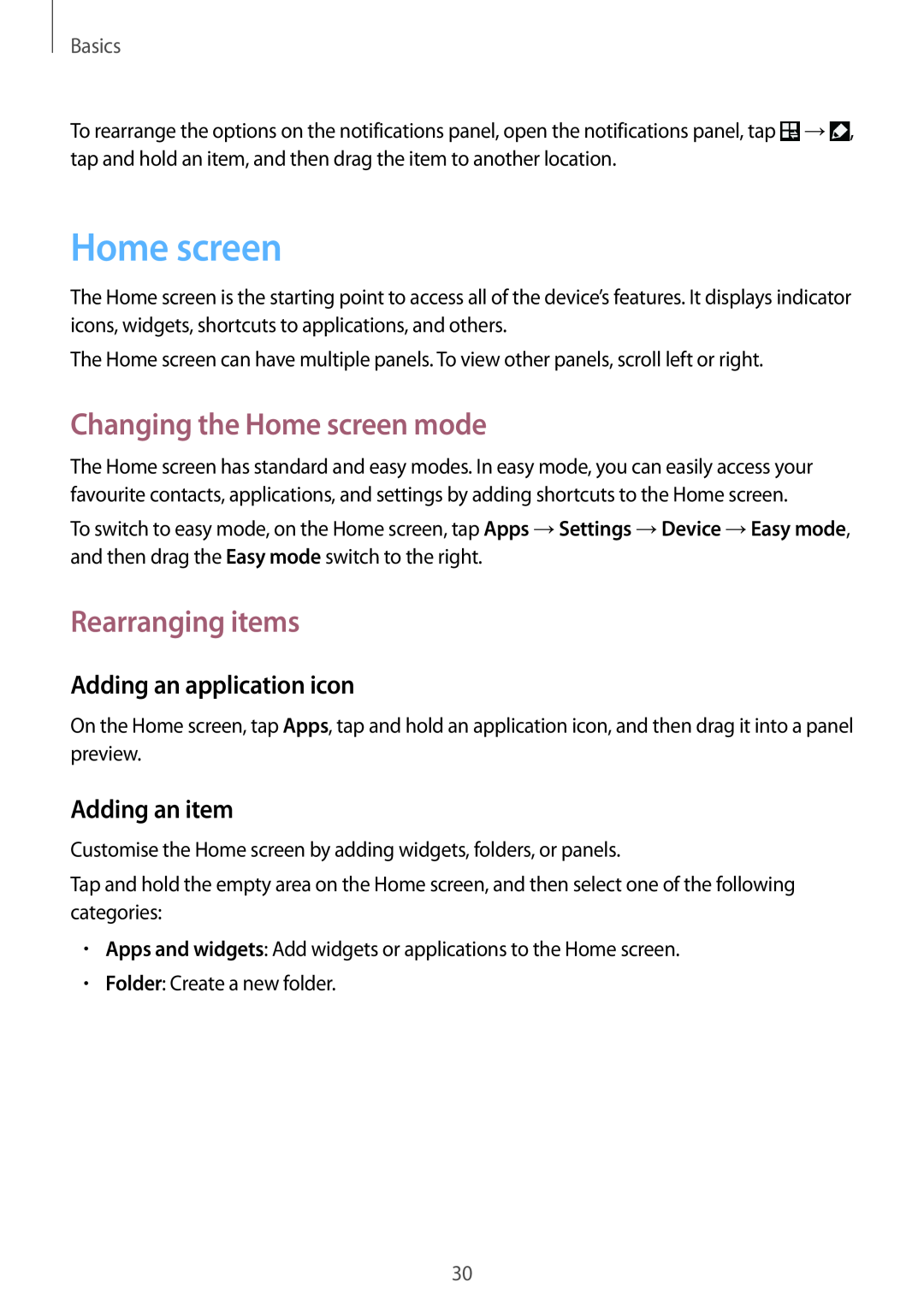 Samsung GT-I9305RWDOMN Changing the Home screen mode, Rearranging items, Adding an application icon, Adding an item 