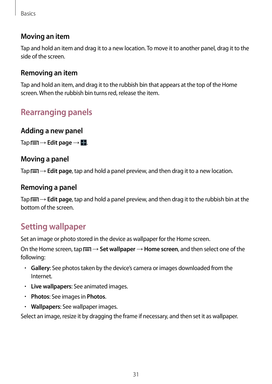 Samsung GT-I9305TADEVR Rearranging panels, Setting wallpaper, Moving an item, Removing an item, Adding a new panel, Basics 