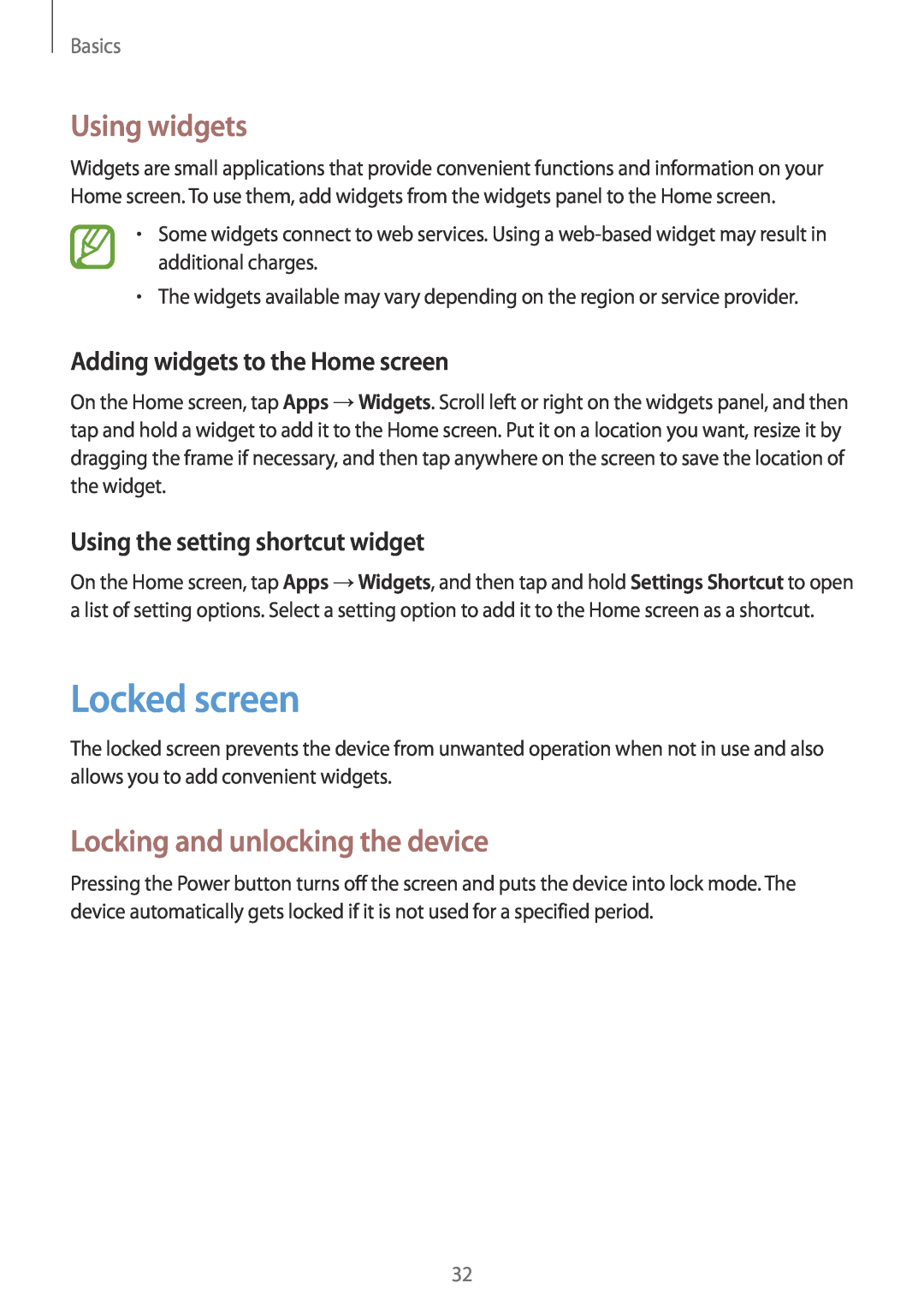 Samsung GT-I9305OKDOMN Locked screen, Using widgets, Locking and unlocking the device, Adding widgets to the Home screen 