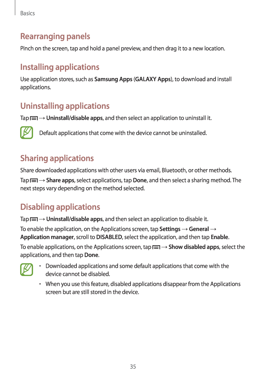 Samsung GT-I9305OKDKPN Installing applications, Uninstalling applications, Sharing applications, Disabling applications 
