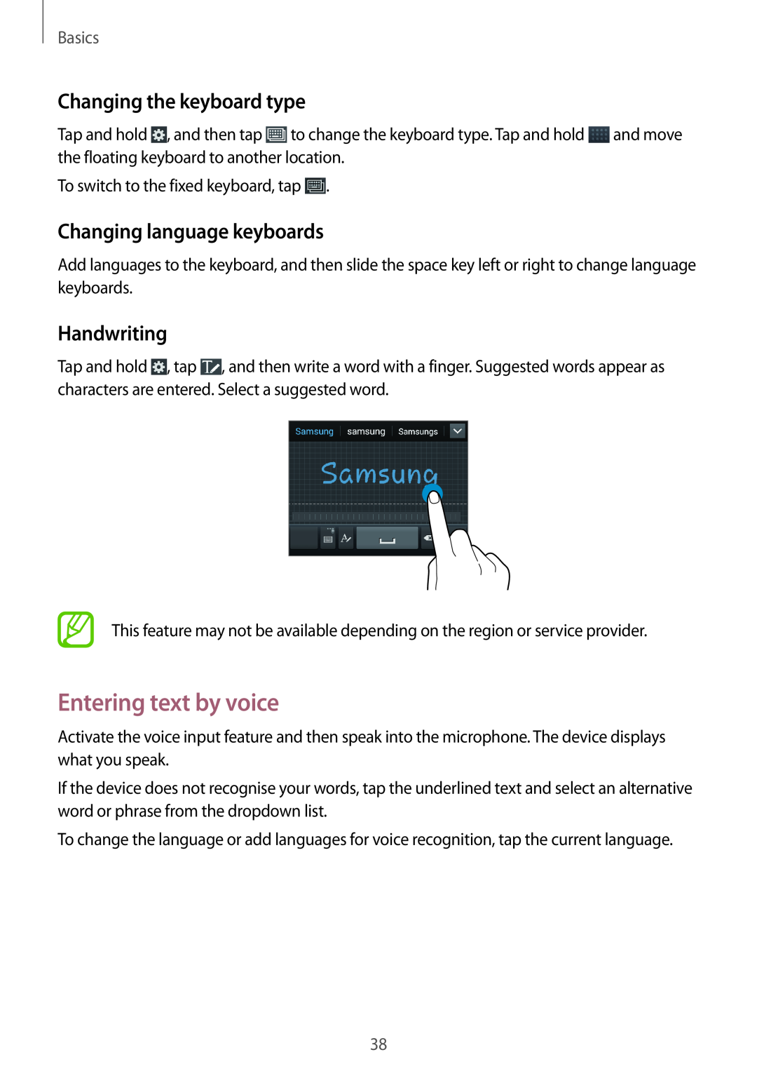 Samsung GT-I9305RWDKSA manual Entering text by voice, Changing the keyboard type, Changing language keyboards, Handwriting 