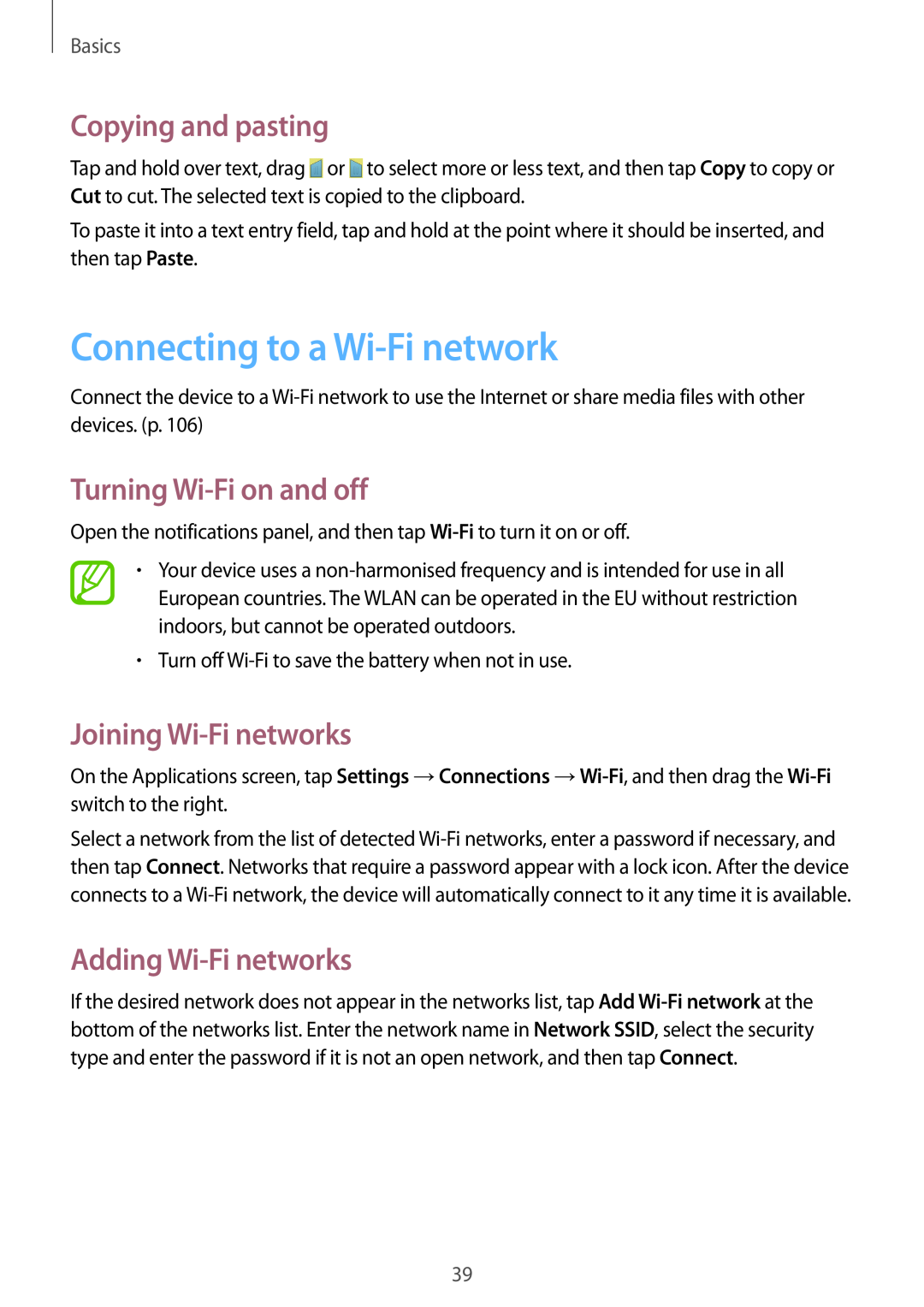 Samsung GT-I9305RWDKSS Connecting to a Wi-Fi network, Copying and pasting, Turning Wi-Fi on and off, Adding Wi-Fi networks 