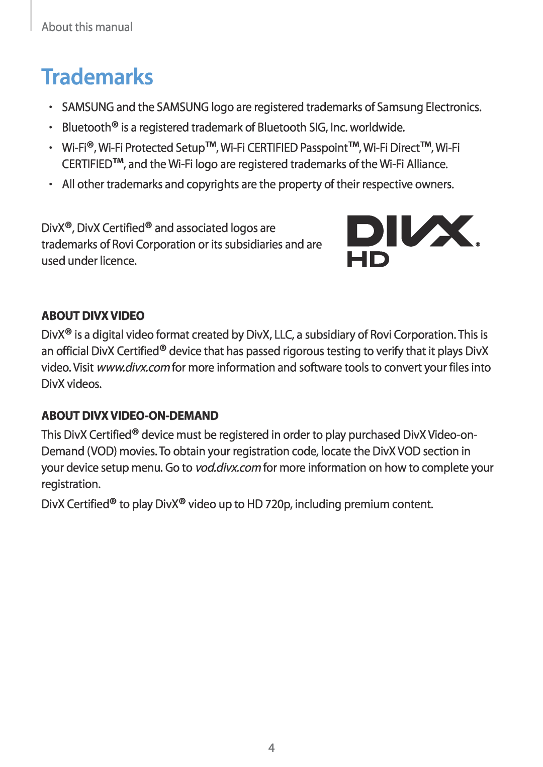 Samsung GT-I9305MBDXEO, GT-I9305OKDTMN, GT-I9305RWDCOS Trademarks, About Divx Video-On-Demand, About this manual 