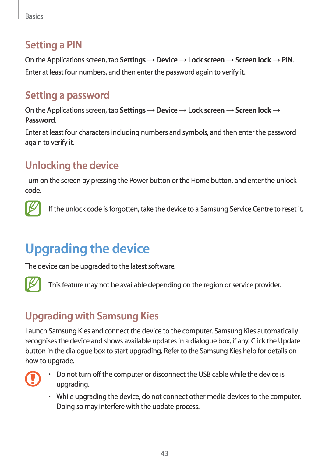 Samsung GT-I9305OKASWC manual Upgrading the device, Setting a PIN, Setting a password, Unlocking the device, Basics 