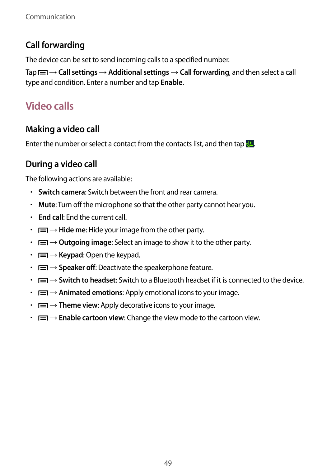 Samsung GT-I9305MBDCOA manual Video calls, Call forwarding, Making a video call, During a video call, Communication 