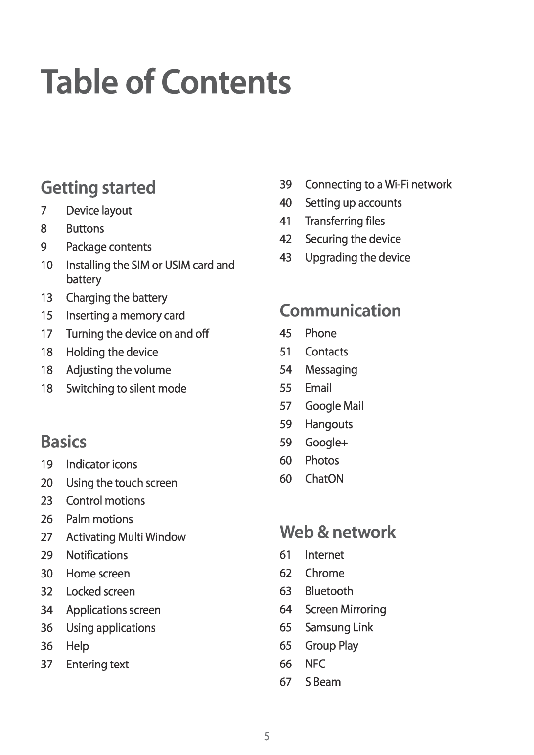 Samsung GT-I9305MBDPRT, GT-I9305OKDTMN manual Table of Contents, Getting started, Basics, Communication, Web & network 