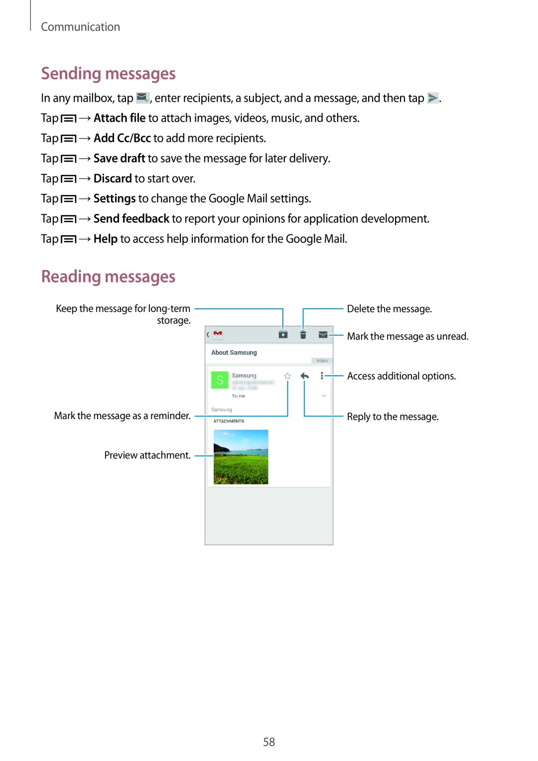 Samsung GT-I9305TADNEE manual Sending messages, Reading messages, Communication, Tap →Add Cc/Bcc to add more recipients 