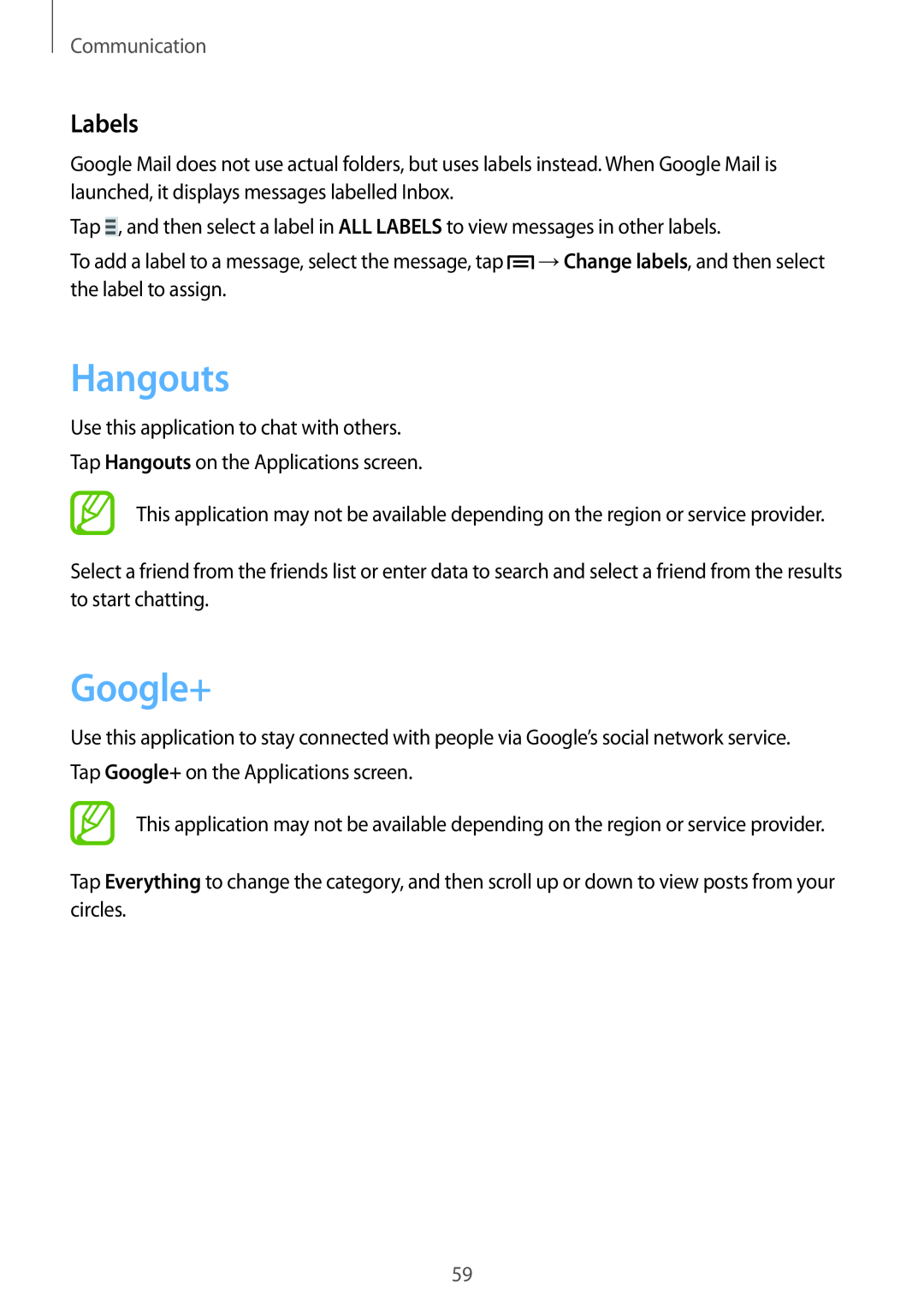 Samsung GT-I9305OKDTLA, GT-I9305OKDTMN, GT-I9305RWDCOS, GT-I9305RWDDTM manual Hangouts, Google+, Labels, Communication 