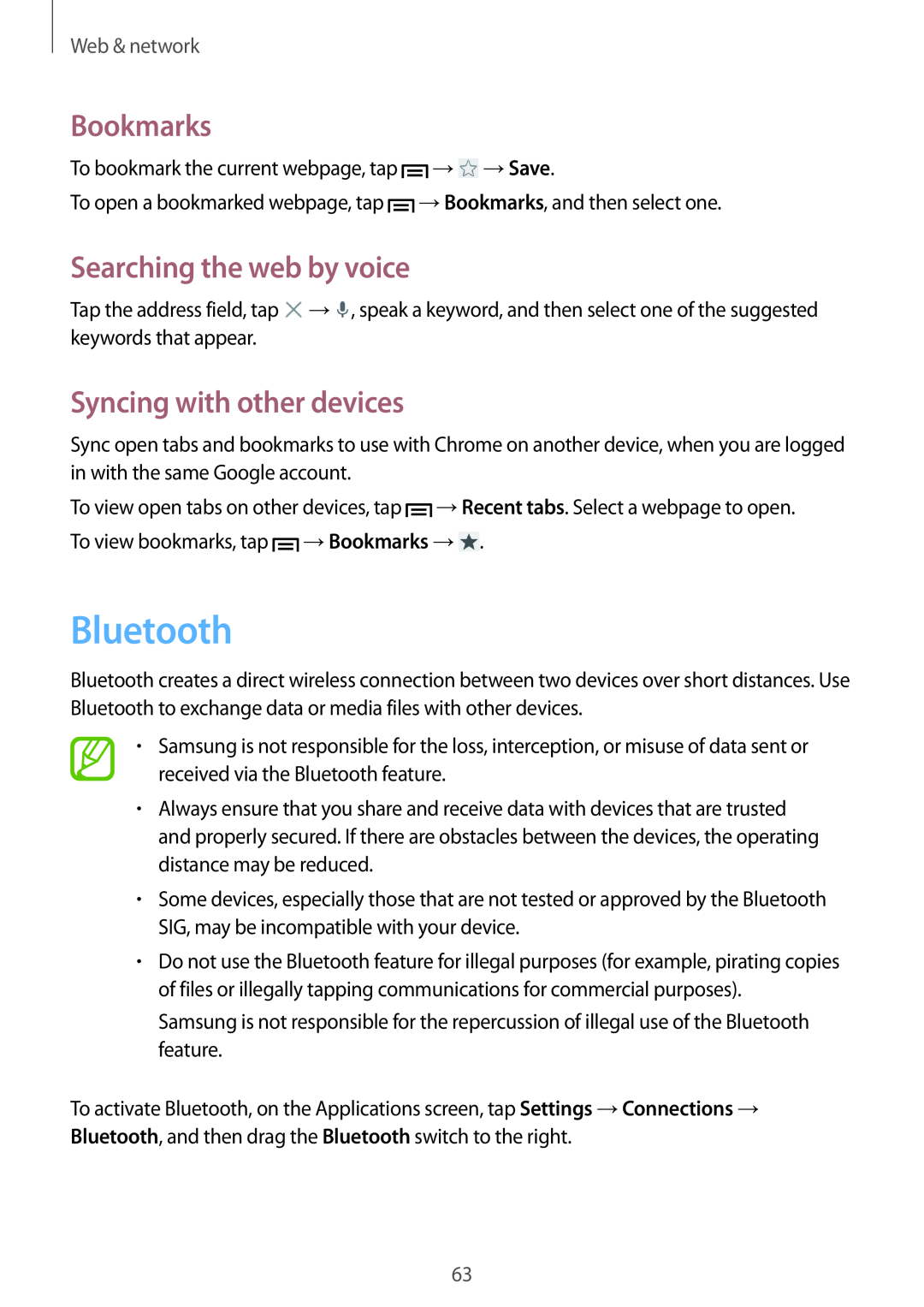 Samsung GT-I9305MBDORL manual Bluetooth, Syncing with other devices, Bookmarks, Searching the web by voice, Web & network 