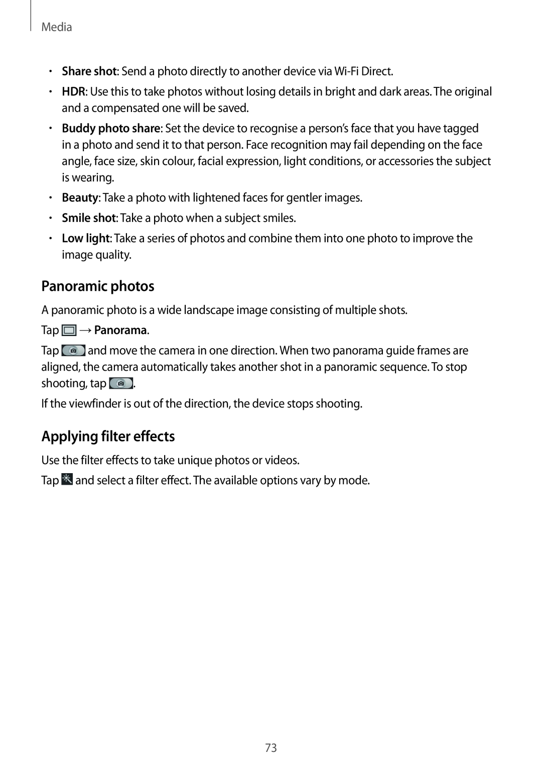 Samsung GT-I9305RWDDTM, GT-I9305OKDTMN, GT-I9305RWDCOS manual Panoramic photos, Applying filter effects, Tap →Panorama, Media 