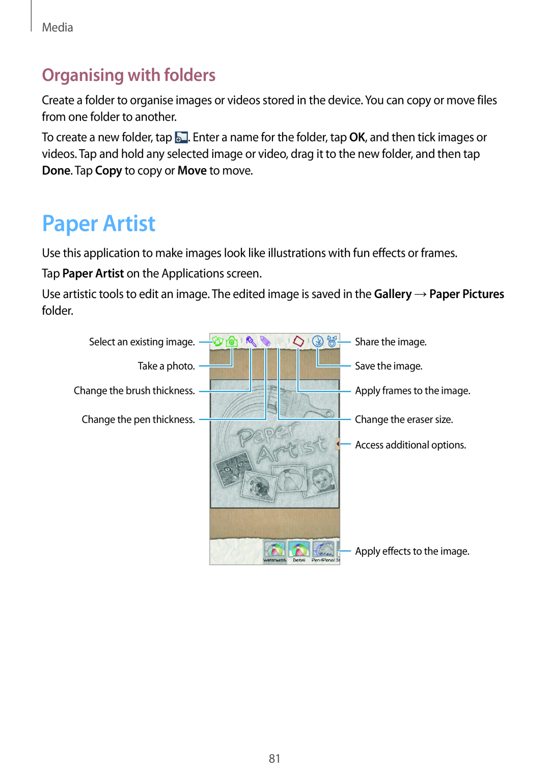 Samsung GT-I9305RWDDBT manual Paper Artist, Organising with folders, Media, Select an existing image, Share the image 