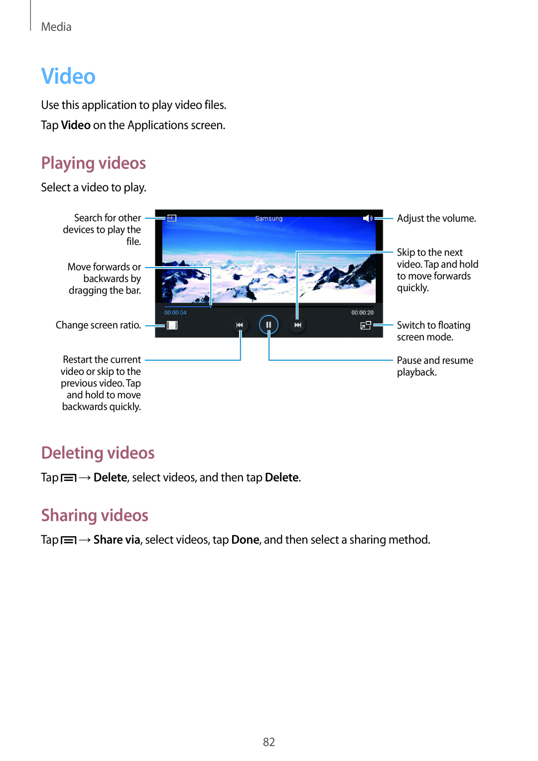 Samsung GT-I9305OKDDBT, GT-I9305OKDTMN, GT-I9305RWDCOS manual Video, Deleting videos, Sharing videos, Playing videos, Media 