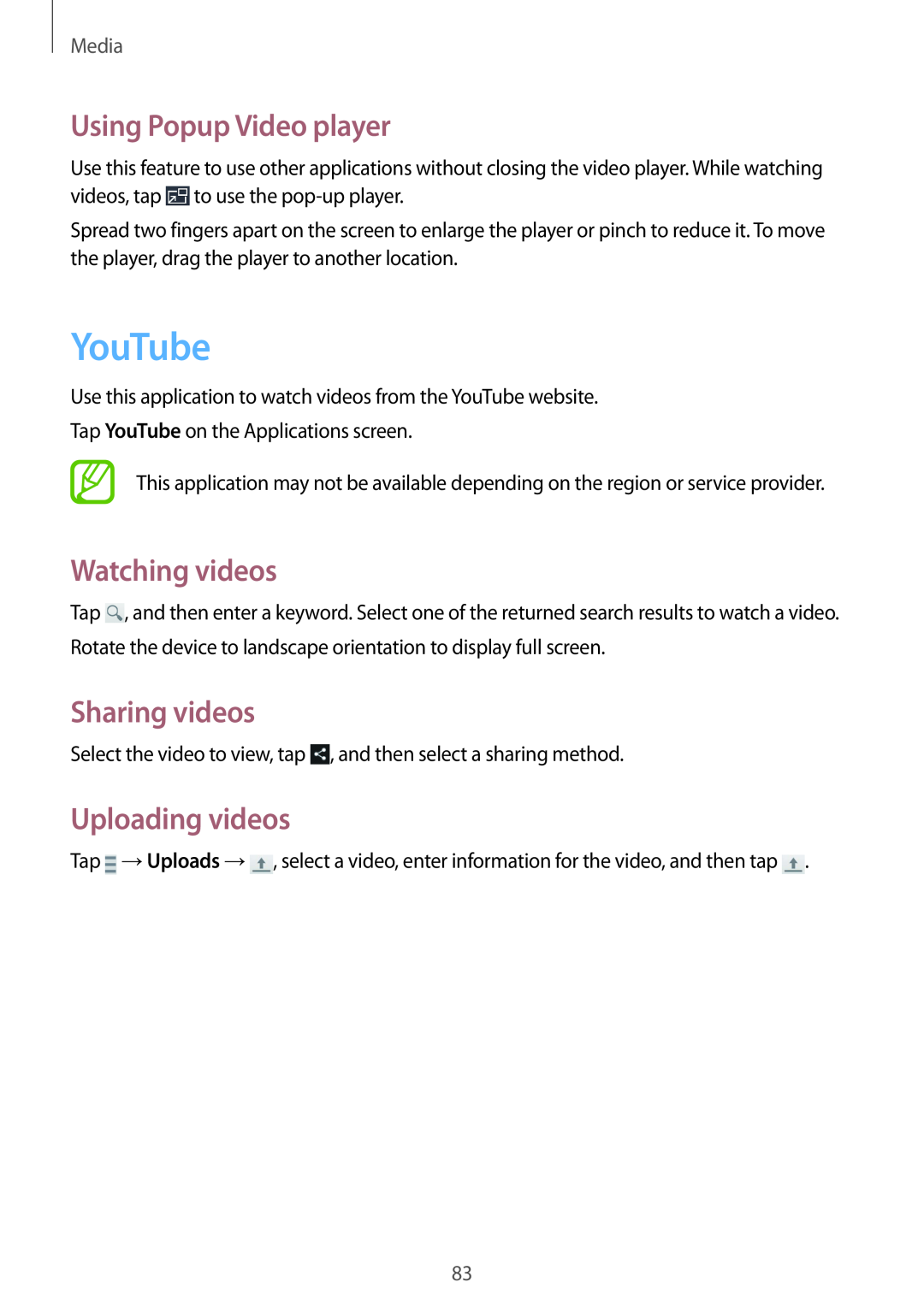 Samsung GT-I9305ZNDVD2 manual YouTube, Using Popup Video player, Watching videos, Uploading videos, Sharing videos, Media 