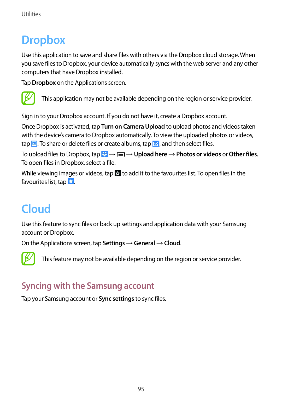 Samsung GT-I9305OKDSFR, GT-I9305OKDTMN, GT-I9305RWDCOS manual Dropbox, Cloud, Syncing with the Samsung account, Utilities 