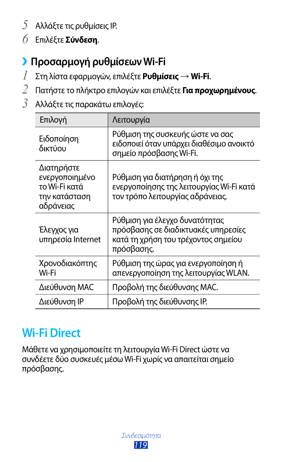 Samsung GT-I9305MBDVGR, GT-I9305RWDCOS, GT-I9305MBDCOS, GT-I9305TADDTM manual Wi-Fi Direct, ››Προσαρμογή ρυθμίσεων Wi-Fi, 119 