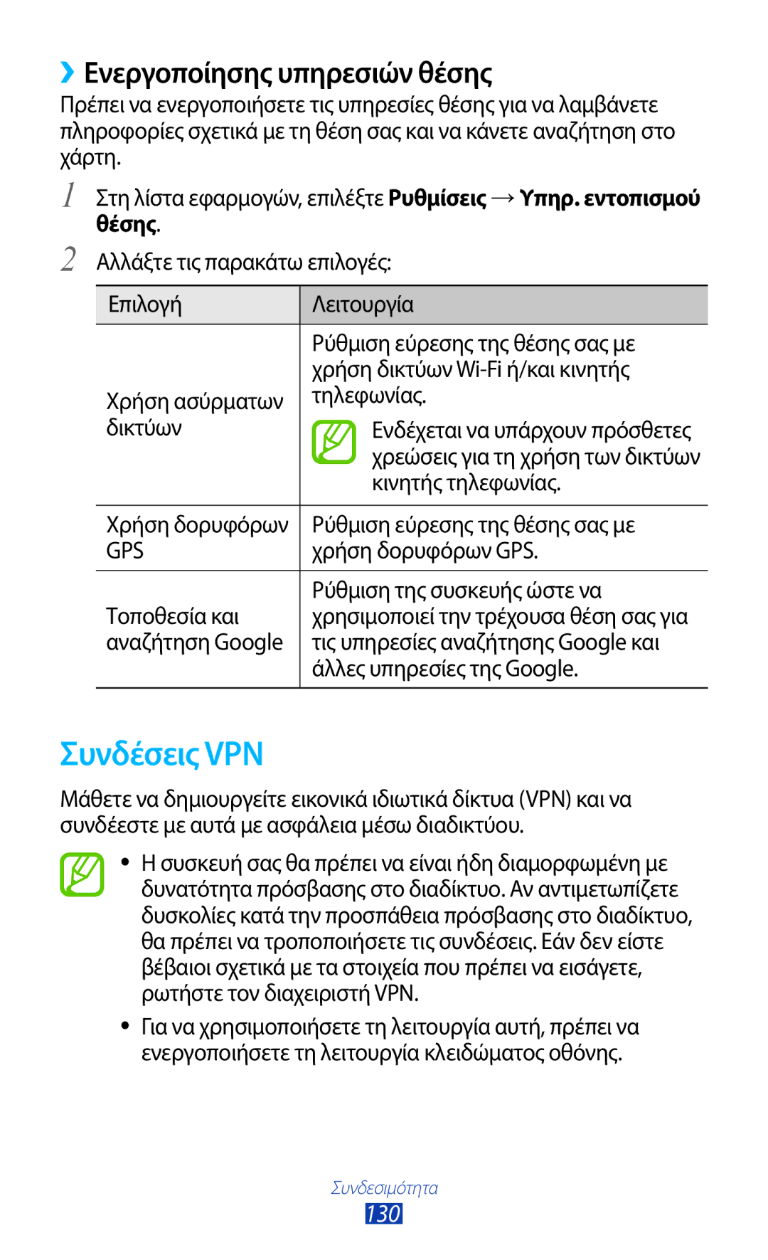 Samsung GT-I9305RWDCOS, GT-I9305MBDCOS, GT-I9305TADDTM manual Συνδέσεις VPN, ››Ενεργοποίησης υπηρεσιών θέσης, 130, Θέσης 